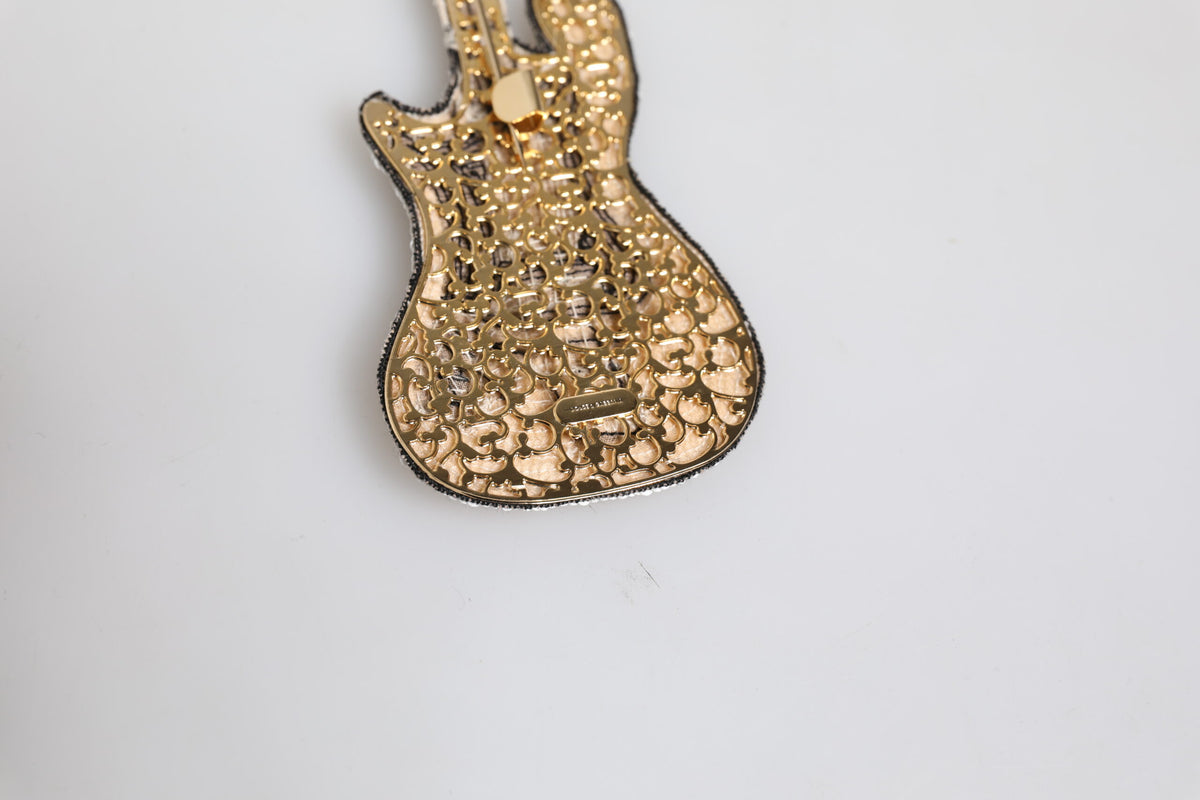 Dolce & Gabbana Gold Brass Logo Beaded Guitar Pin Men's Brooch