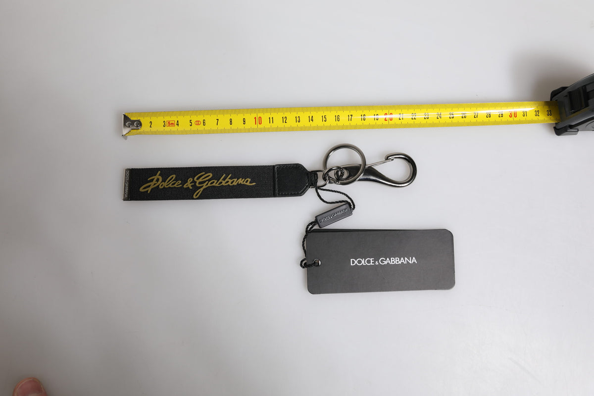 Dolce & Gabbana Black Logo Nylon Silver Brass Men Holder Keychain Men's Keyring
