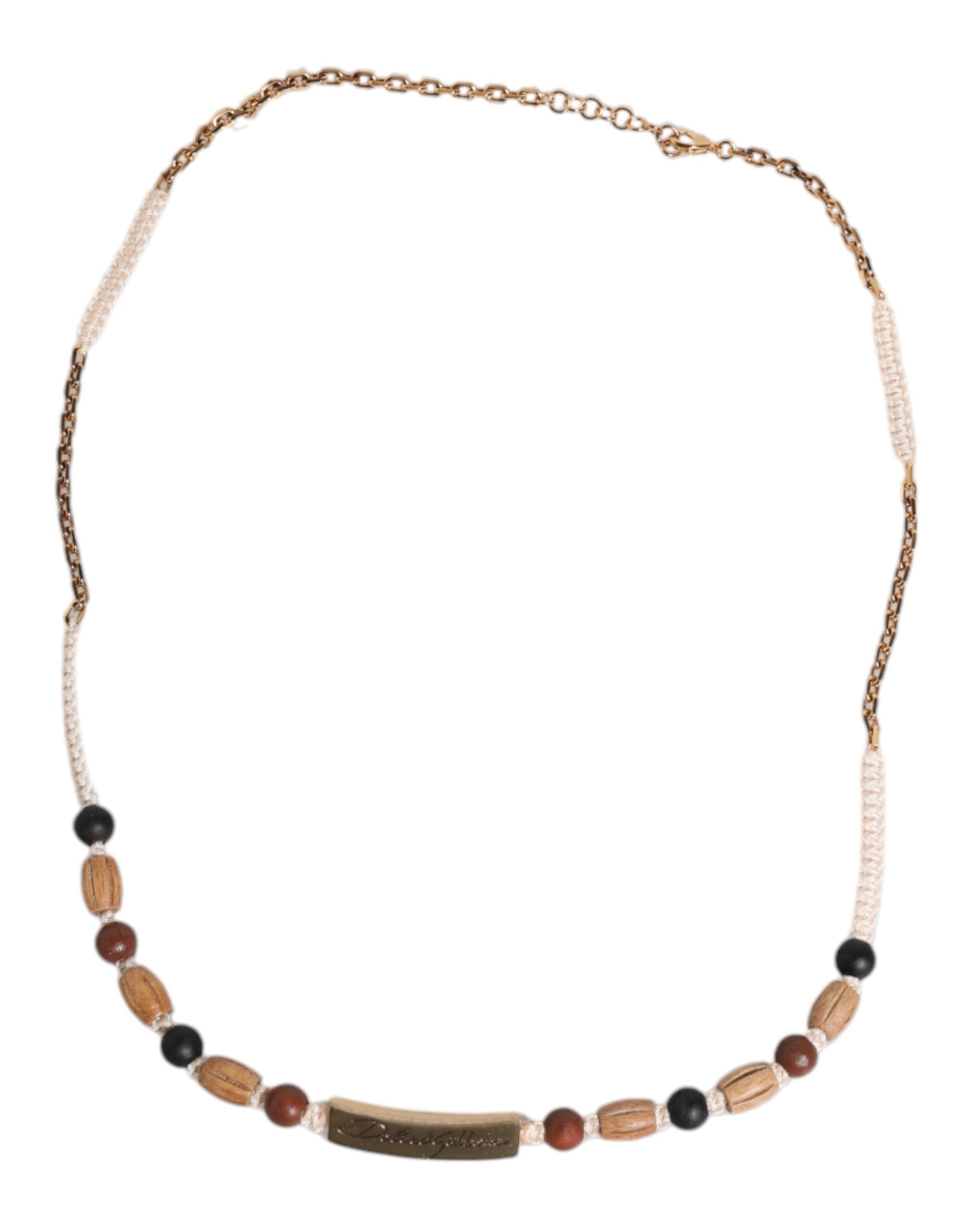 Dolce & Gabbana Black Gold Wooden Beaded Logo Pendant Men's Necklace