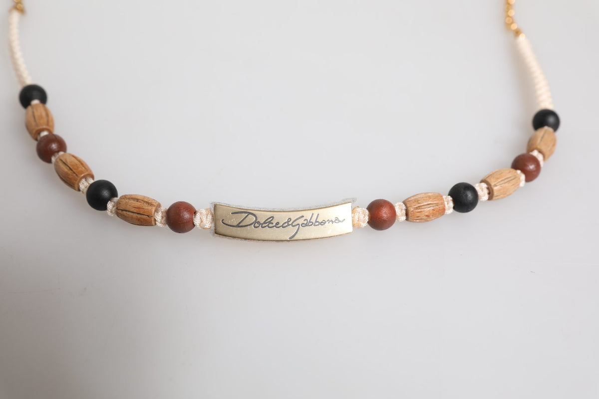 Dolce & Gabbana Black Gold Wooden Beaded Logo Pendant Men's Necklace