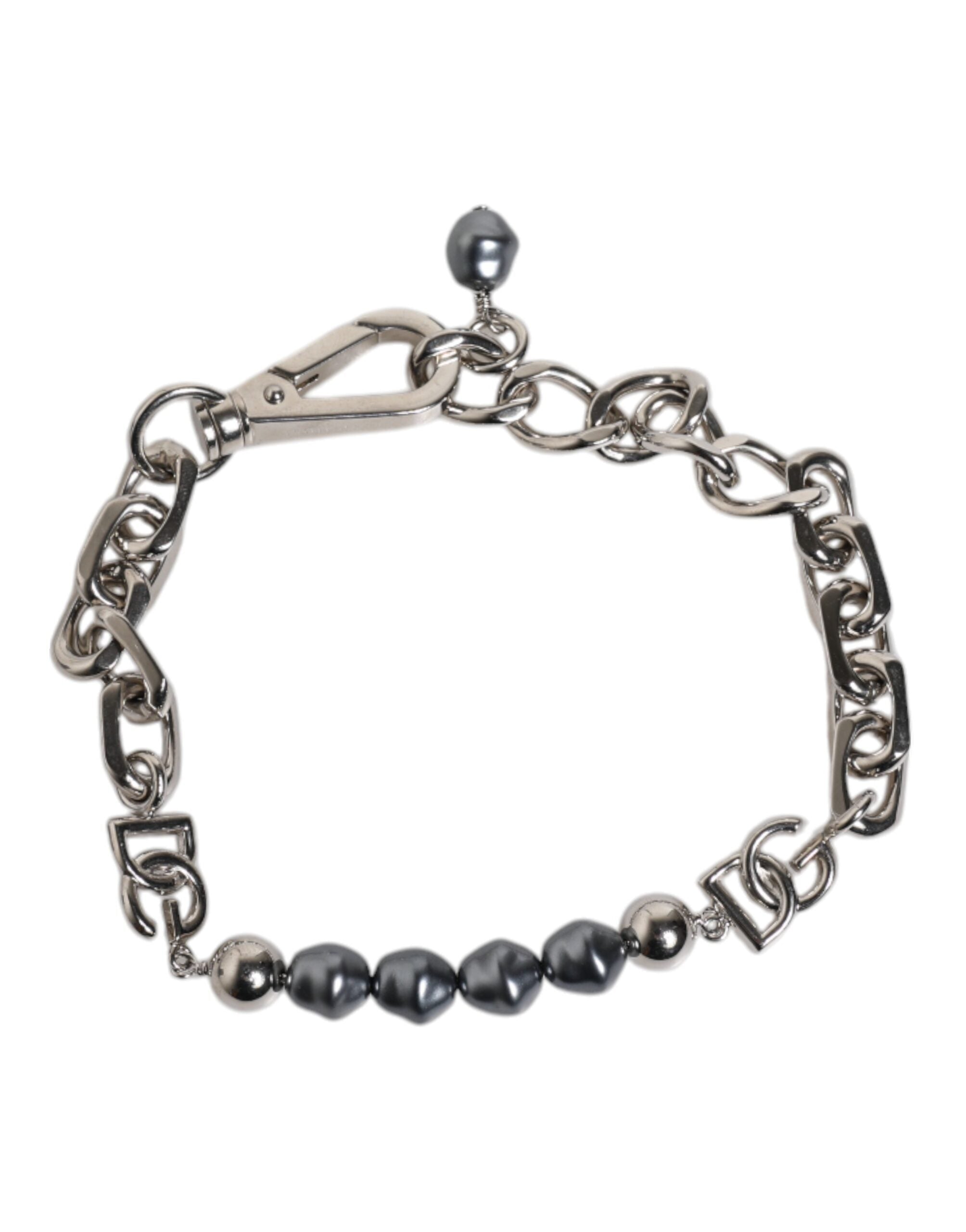 Dolce & Gabbana Silver Tone Chain Lobster Clasp Logo Gray Pearls Men's Bracelet