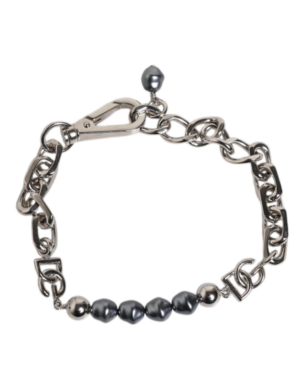 Dolce & Gabbana Silver Tone Chain Lobster Clasp Logo Gray Pearls Men