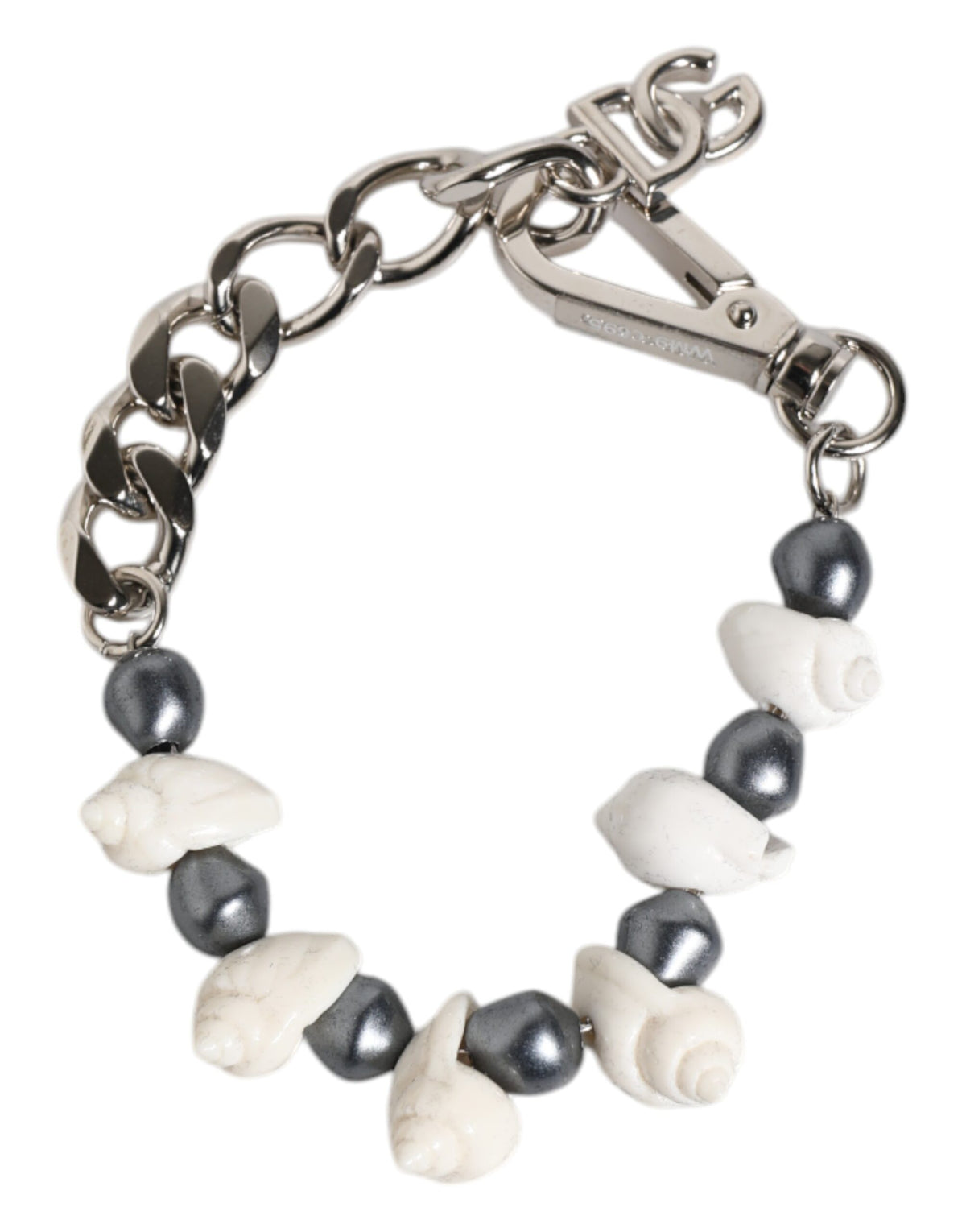 Dolce & Gabbana Silver Tone Brass Beaded Shell DG Logo Pendant Men's Bracelet