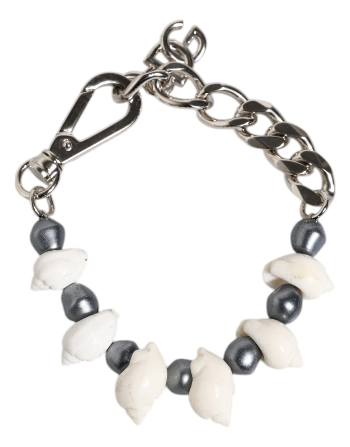 Dolce & Gabbana Silver Tone Brass Beaded Shell DG Logo Pendant Men's Bracelet