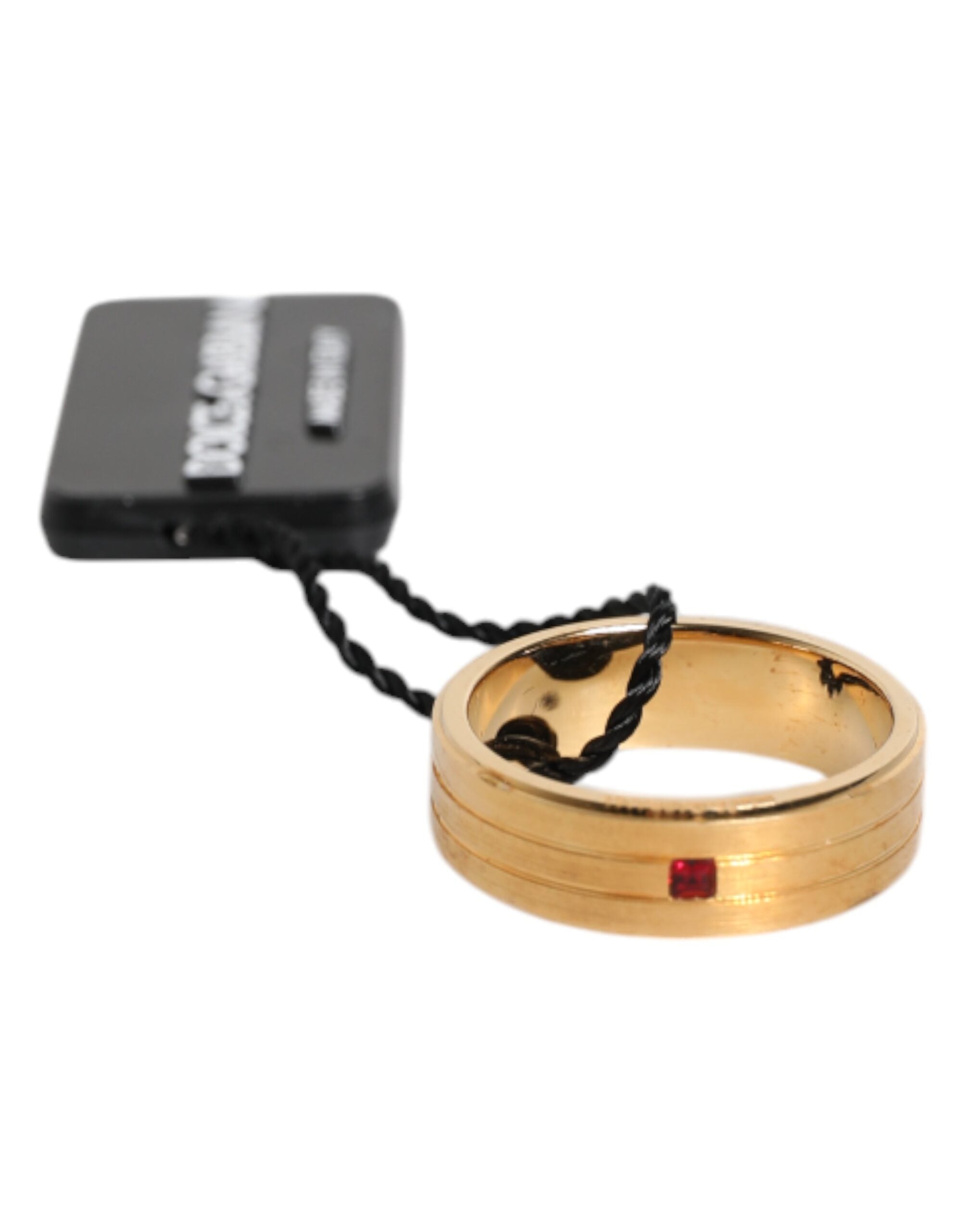 Dolce & Gabbana Gold Tone Brass Red Crystal DG Logo Men's Ring