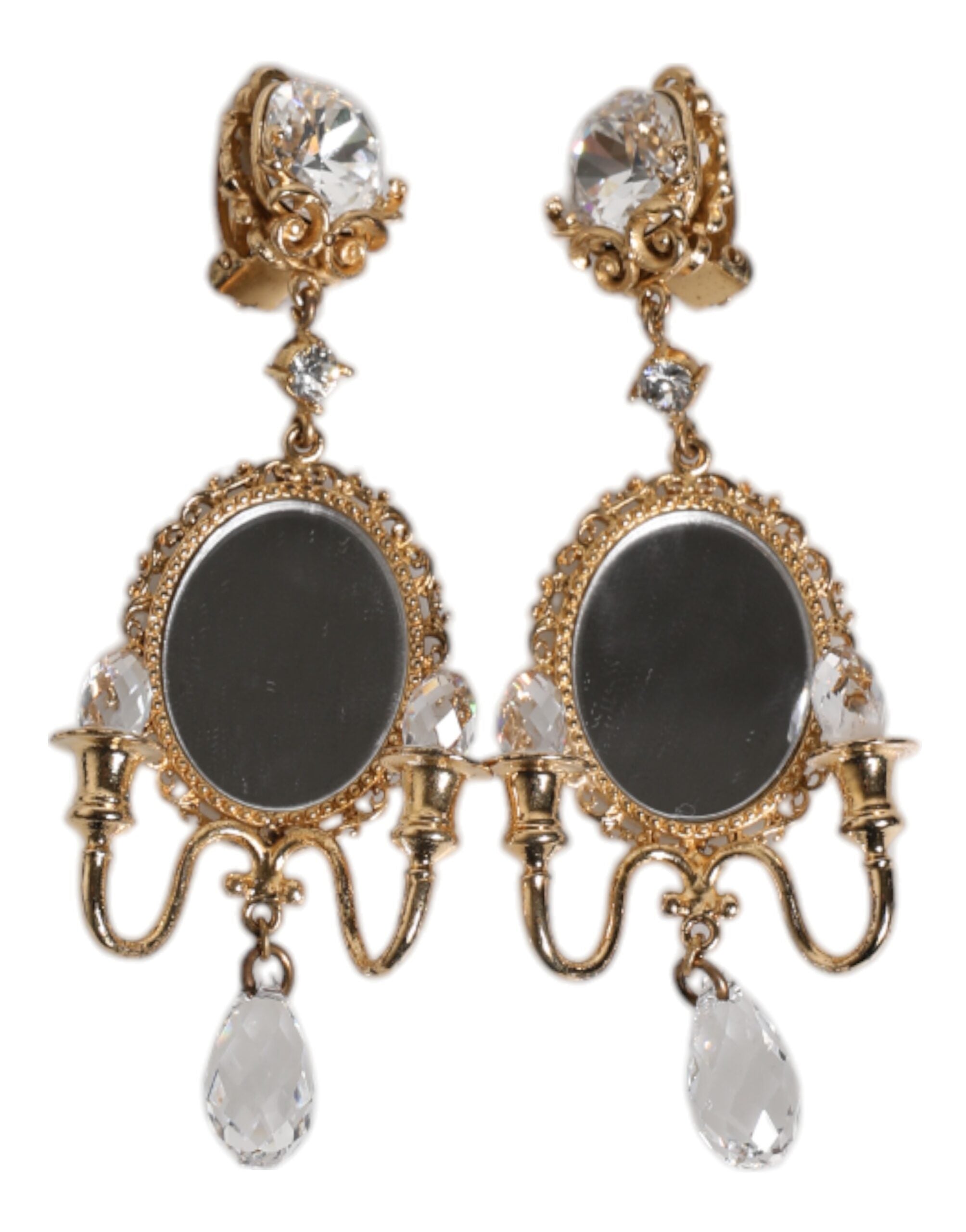 Dolce & Gabbana Gold Brass Clear Crystal Mirror Element Clip Dangling Women's Earrings