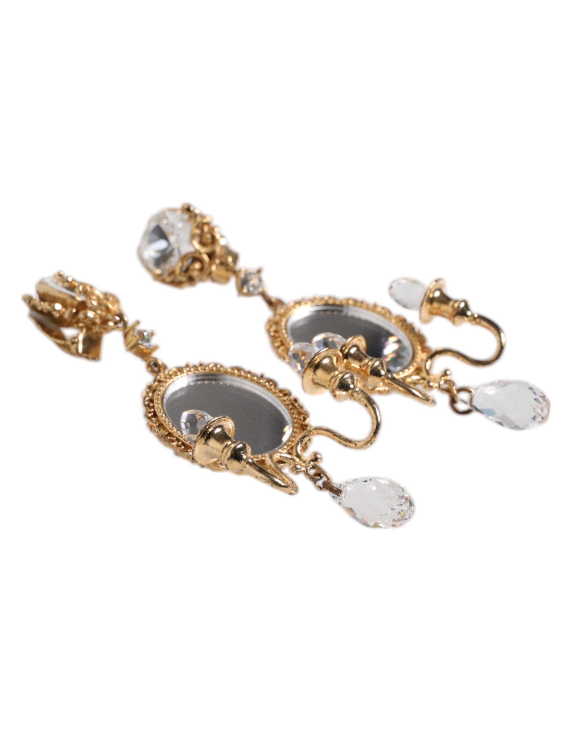 Dolce & Gabbana Gold Brass Clear Crystal Mirror Element Clip Dangling Women's Earrings