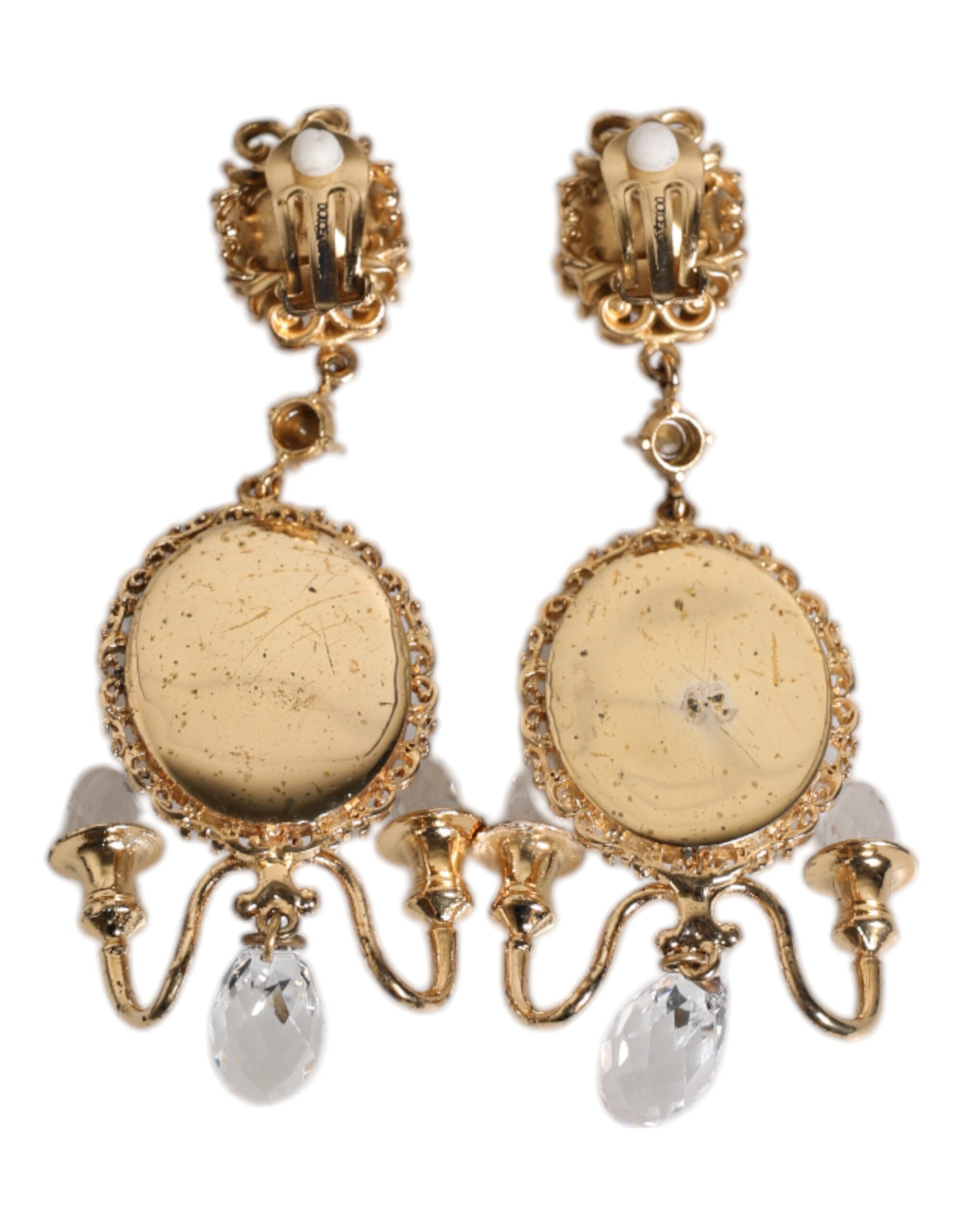 Dolce & Gabbana Gold Brass Clear Crystal Mirror Element Clip Dangling Women's Earrings
