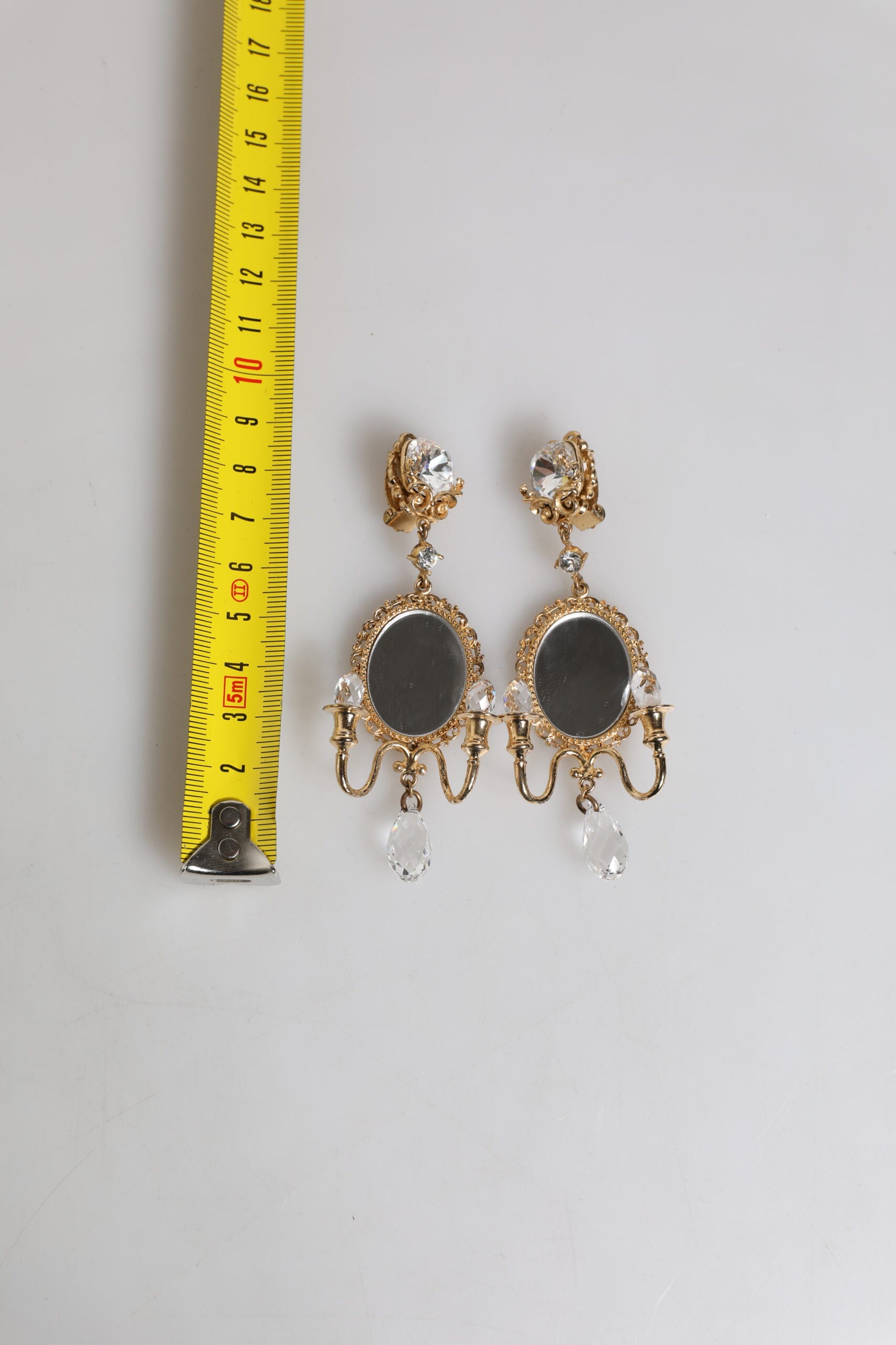 Dolce & Gabbana Gold Brass Clear Crystal Mirror Element Clip Dangling Women's Earrings