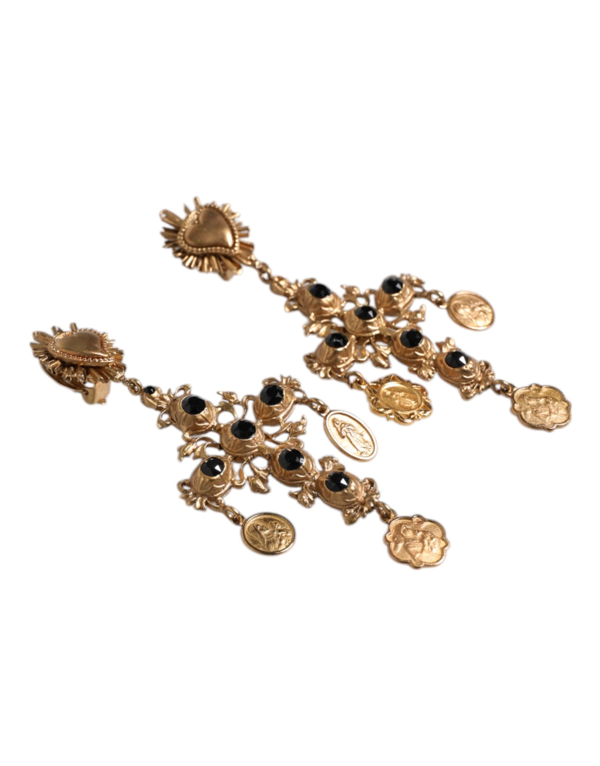 Dolce & Gabbana Gold Black Crystal Cross Sacred Heart Dangling Women's Earrings