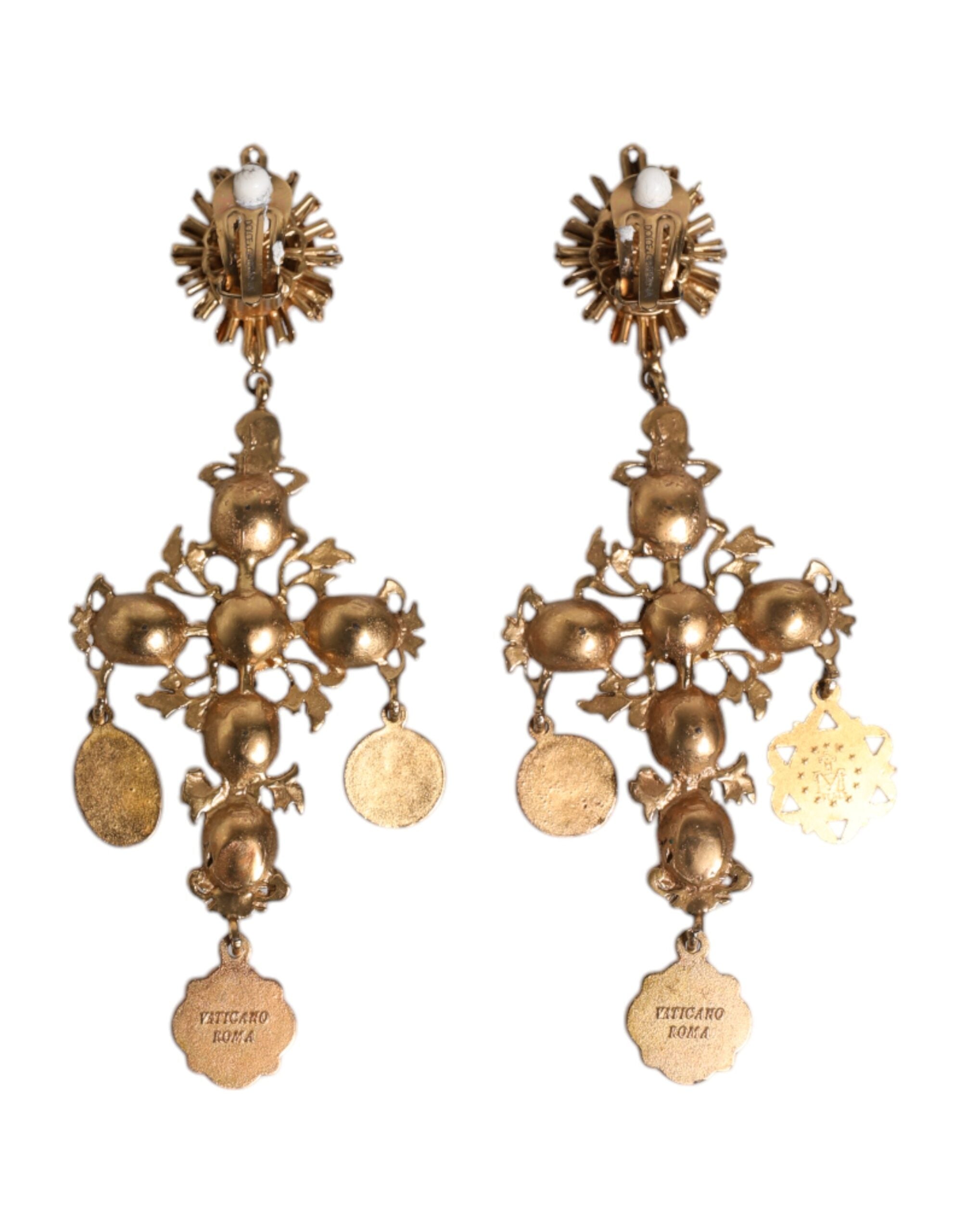 Dolce & Gabbana Gold Black Crystal Cross Sacred Heart Dangling Women's Earrings