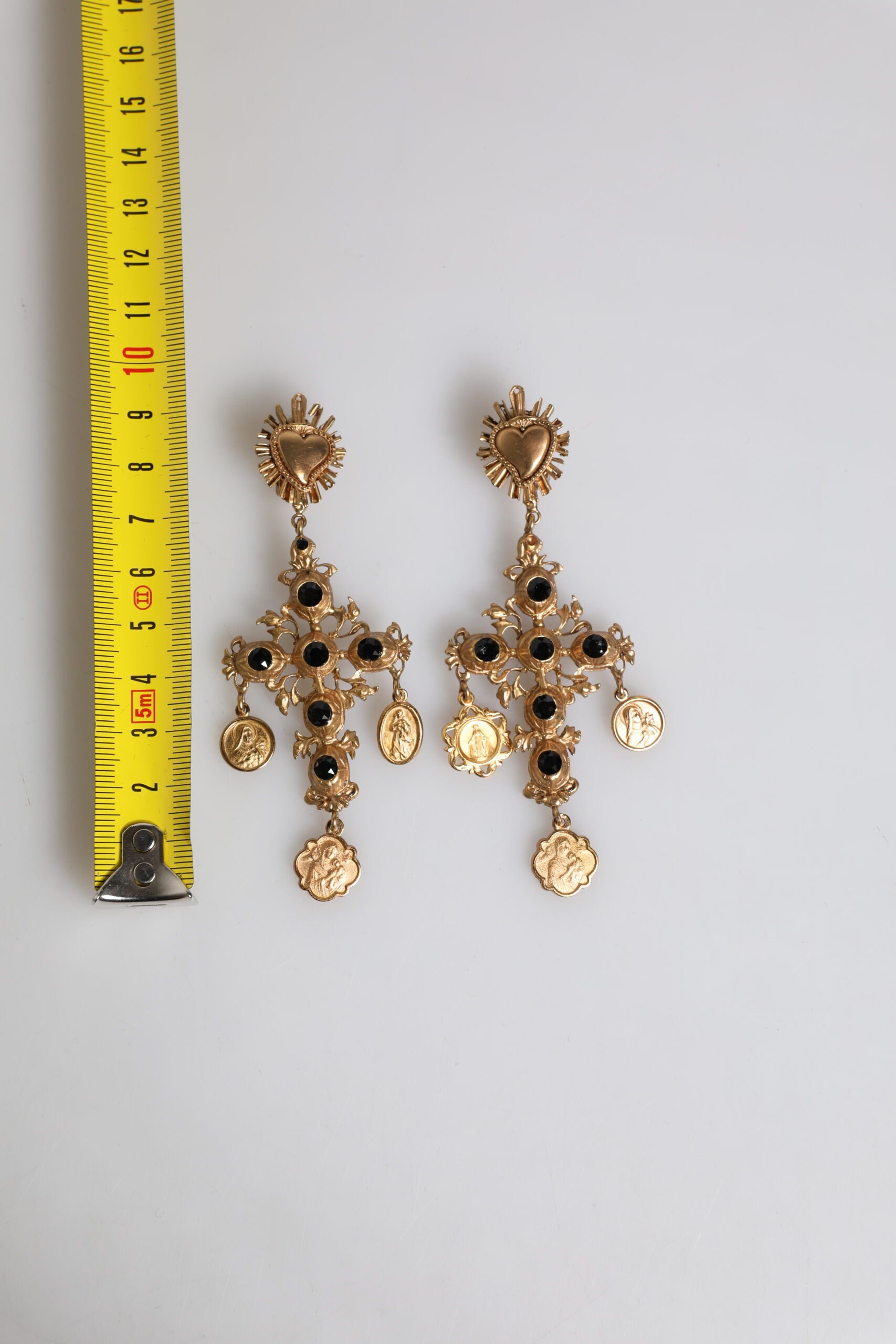 Dolce & Gabbana Gold Black Crystal Cross Sacred Heart Dangling Women's Earrings