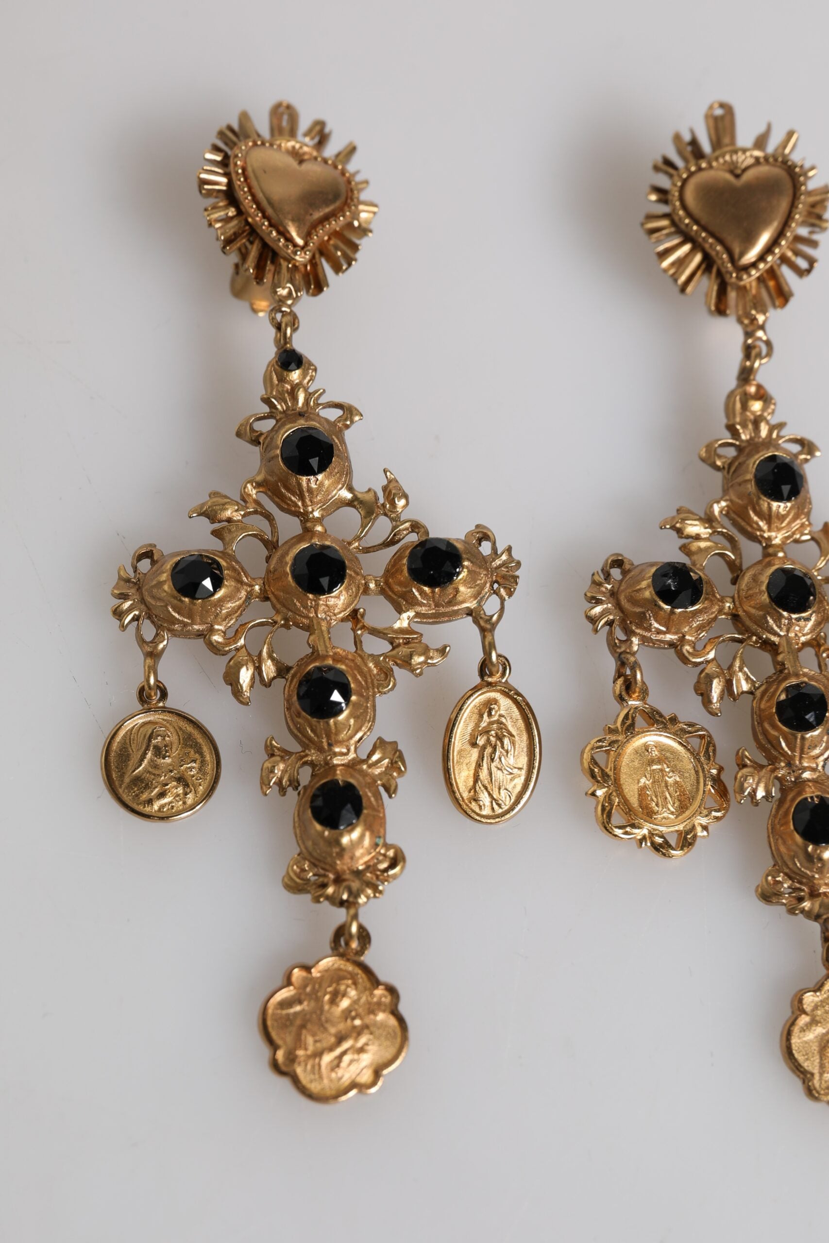 Dolce & Gabbana Gold Black Crystal Cross Sacred Heart Dangling Women's Earrings