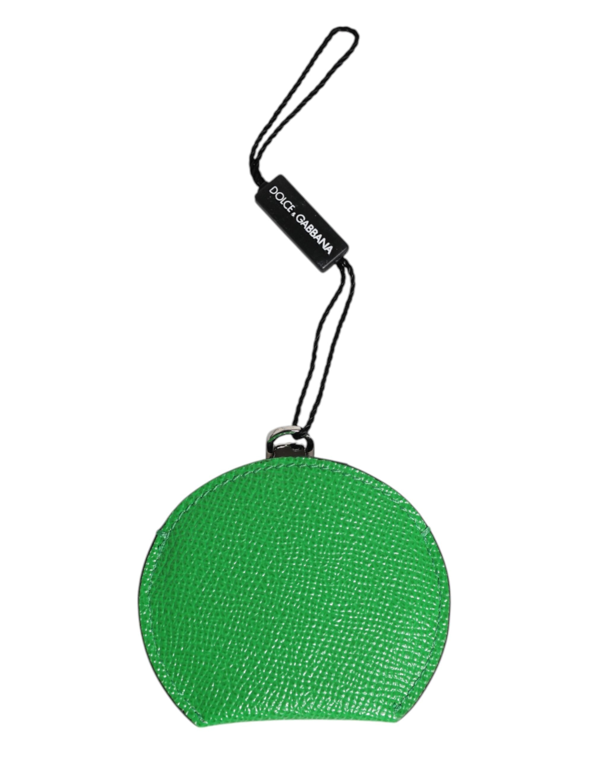 Dolce & Gabbana Green Calfskin Leather Round Logo Hand Mirror Women's Holder