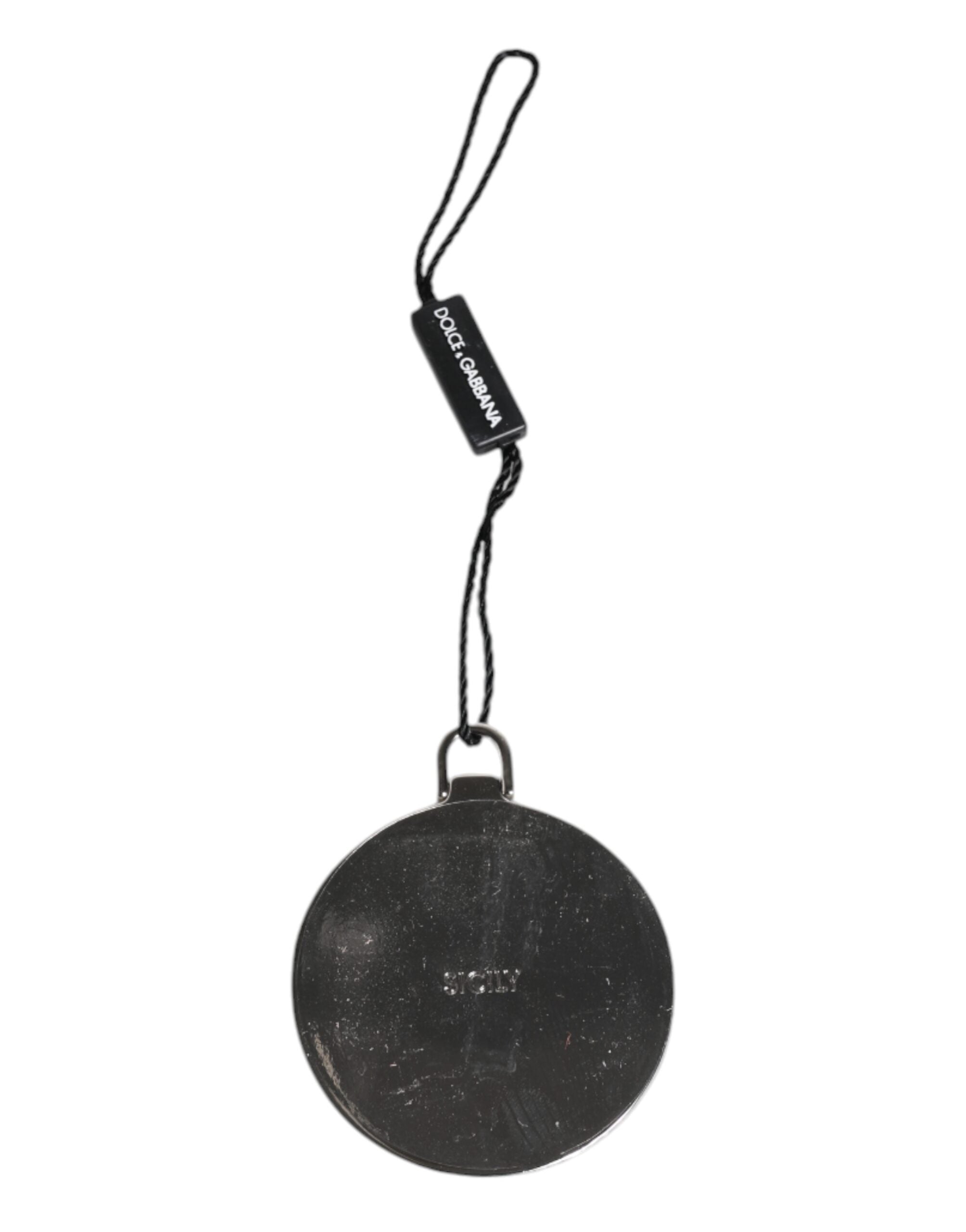 Dolce & Gabbana Green Calfskin Leather Round Logo Hand Mirror Women's Holder