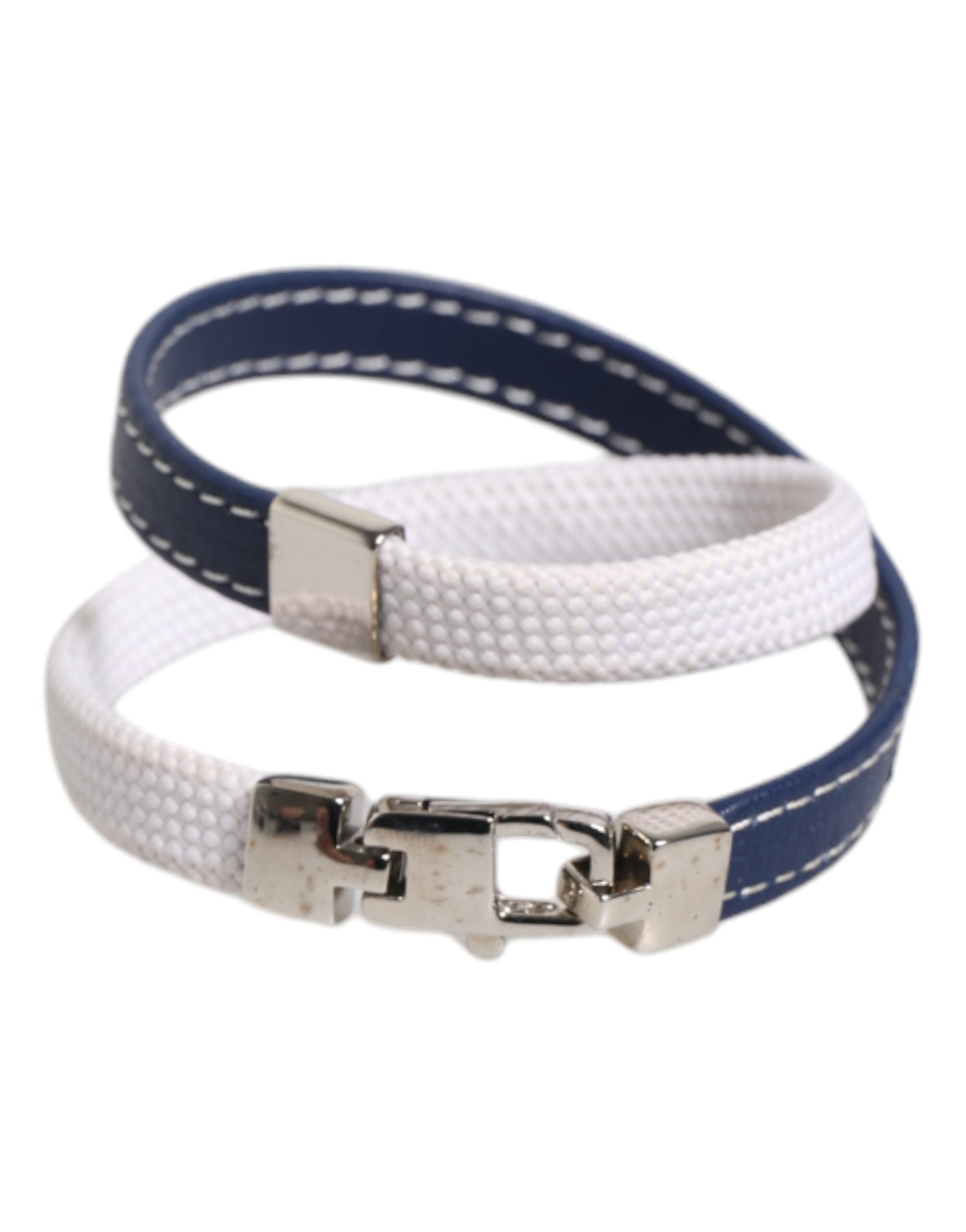 Dolce & Gabbana Blue White Leather Trimmed DG Engraved Silver Tone Clasp Women's Bracelet (Pre-Owned)