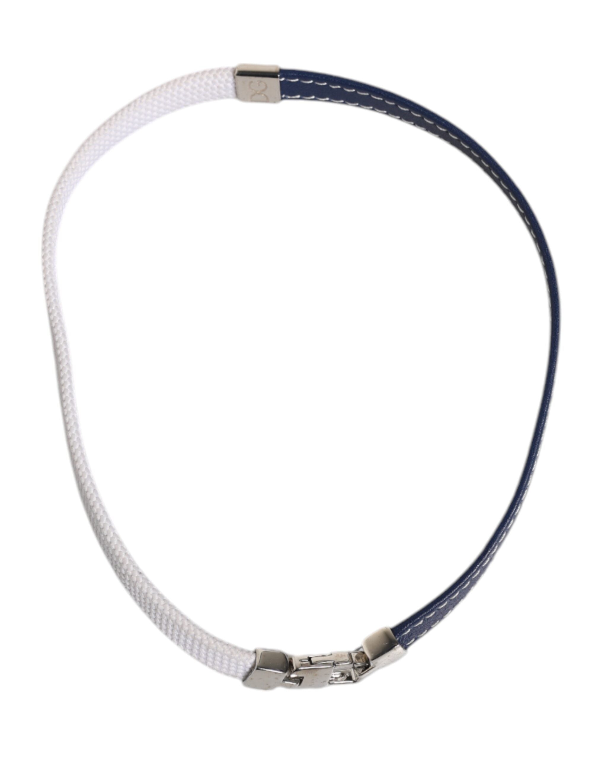 Dolce & Gabbana Blue White Leather Trimmed DG Engraved Silver Tone Clasp Women's Bracelet (Pre-Owned)