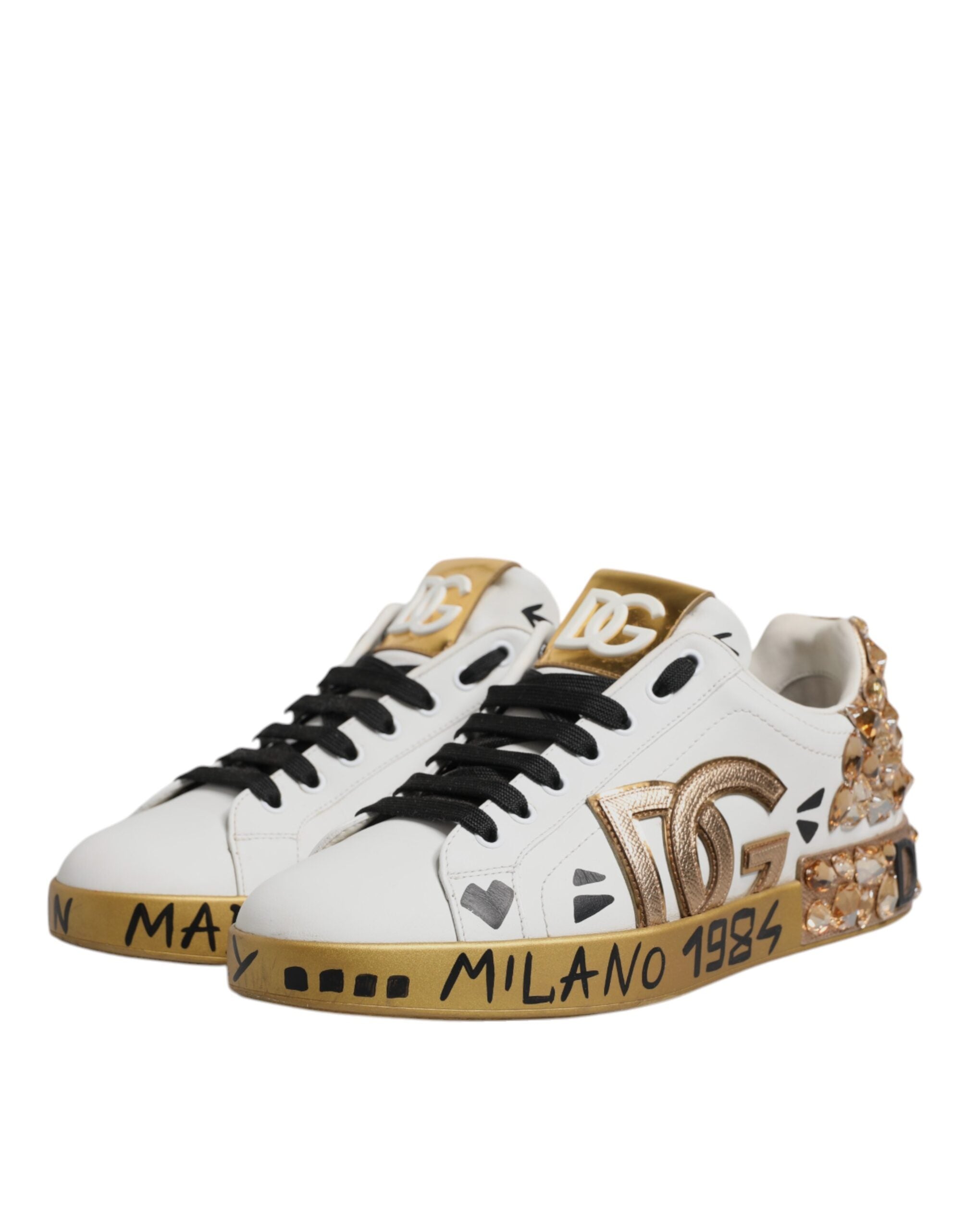 Dolce & Gabbana White Gold Crystal Logo Portofino Sneakers Men's Shoes (Pre-Owned)