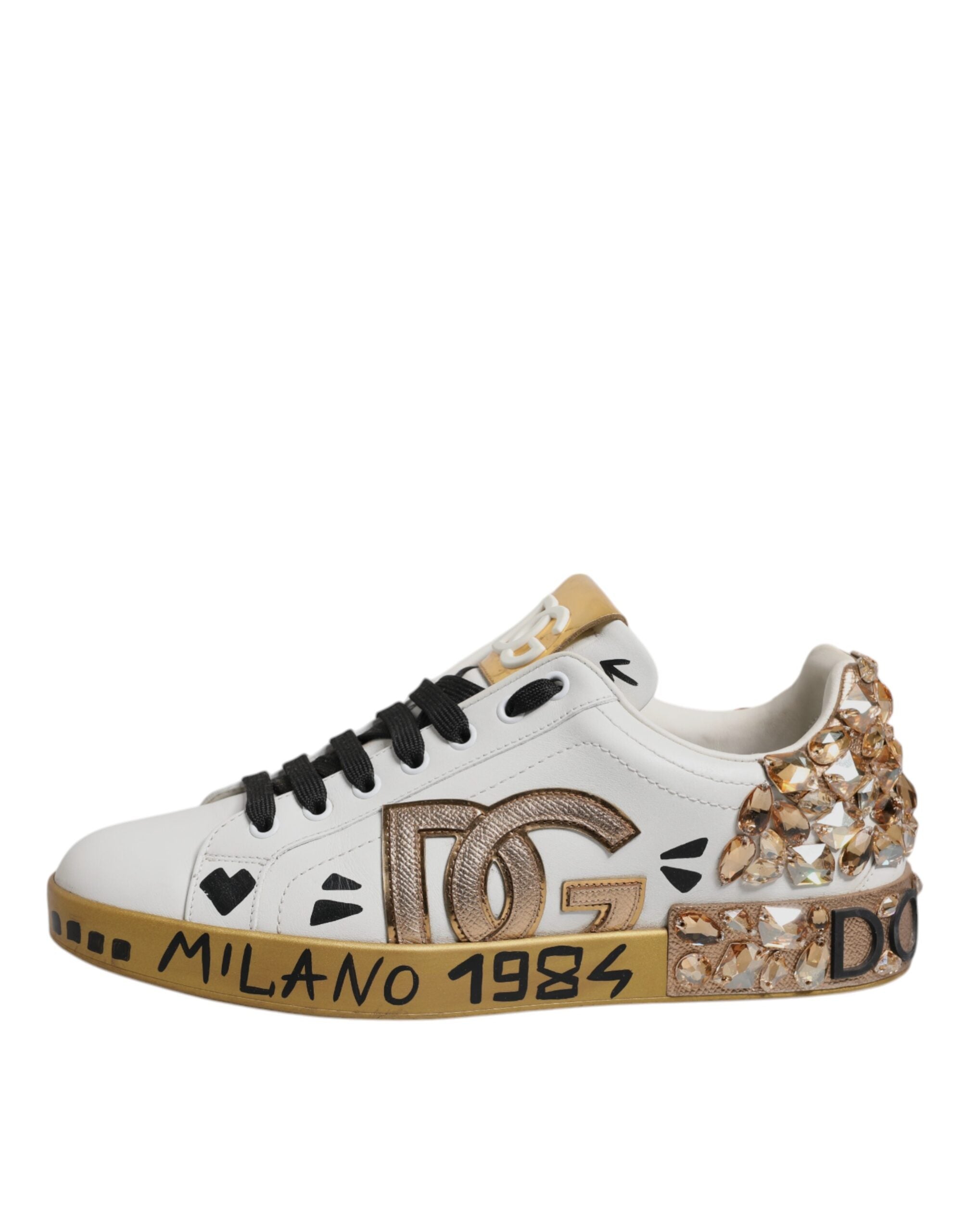 Dolce & Gabbana White Gold Crystal Logo Portofino Sneakers Men's Shoes (Pre-Owned)
