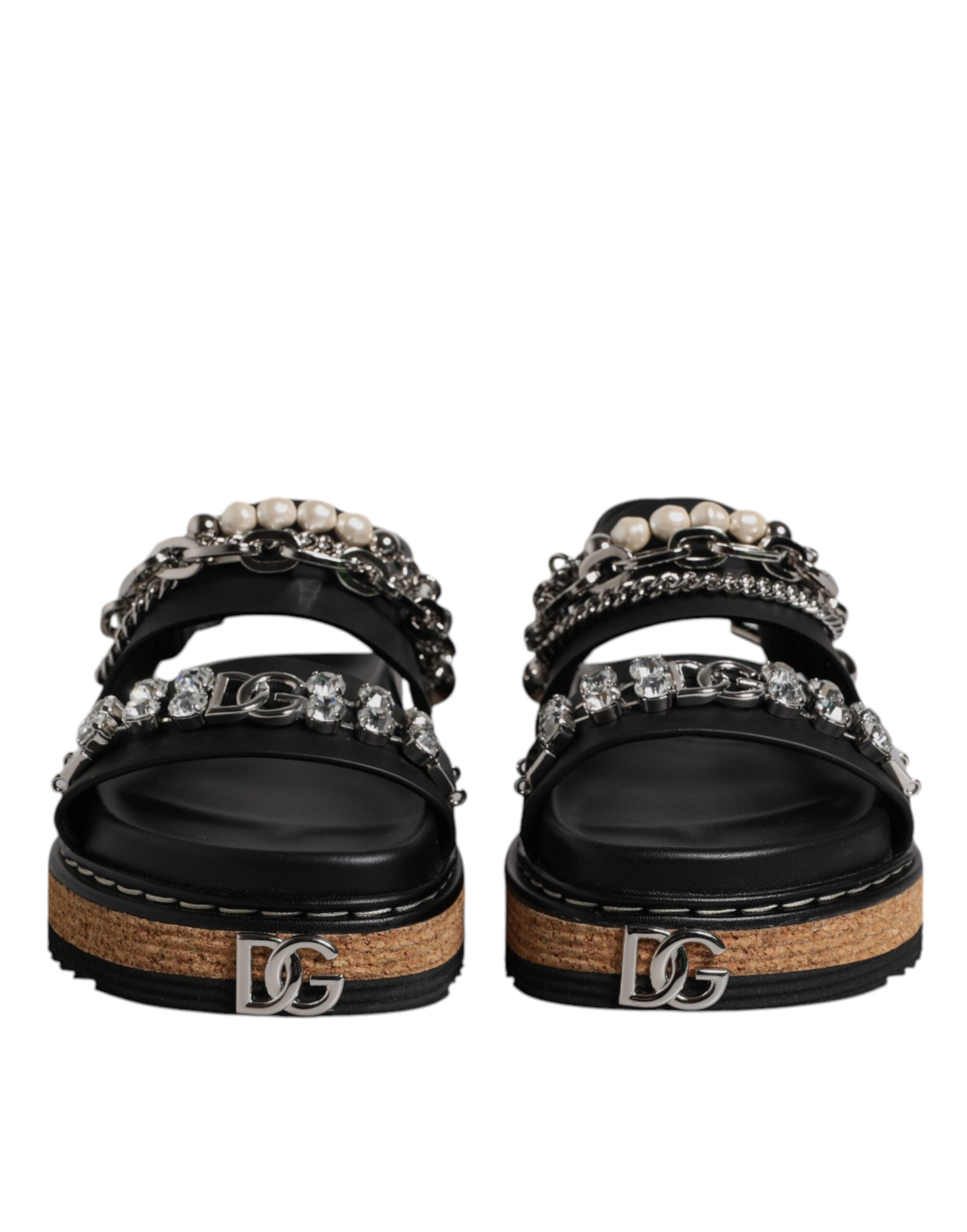 Dolce & Gabbana Black Crystal Embellish Strap Sandals Women's Shoes