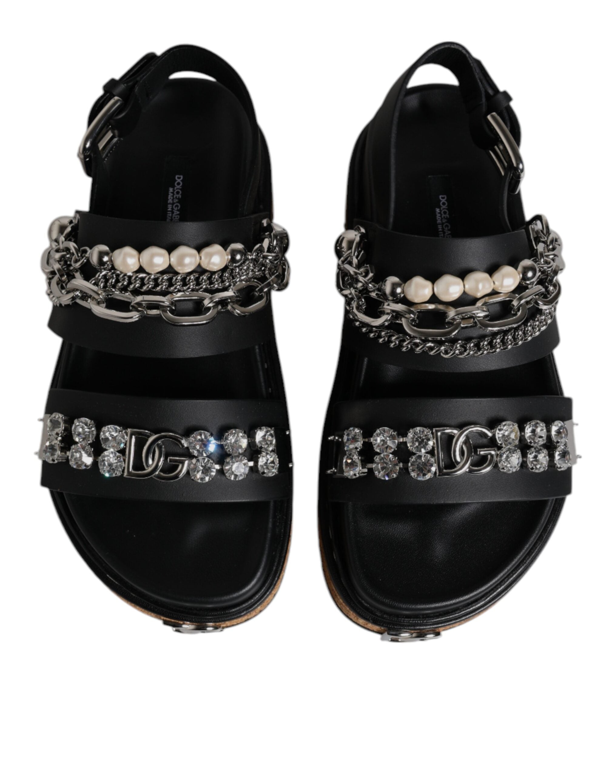 Dolce & Gabbana Black Crystal Embellish Strap Sandals Women's Shoes