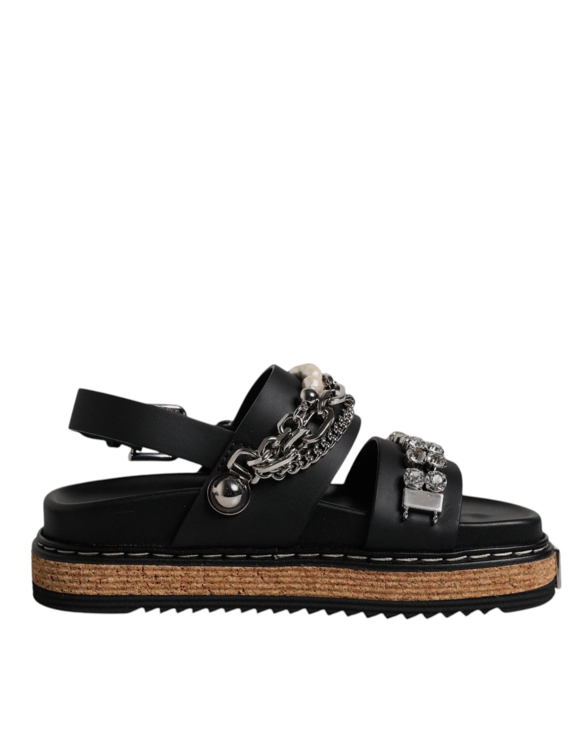 Dolce & Gabbana Black Crystal Embellish Strap Sandals Women's Shoes