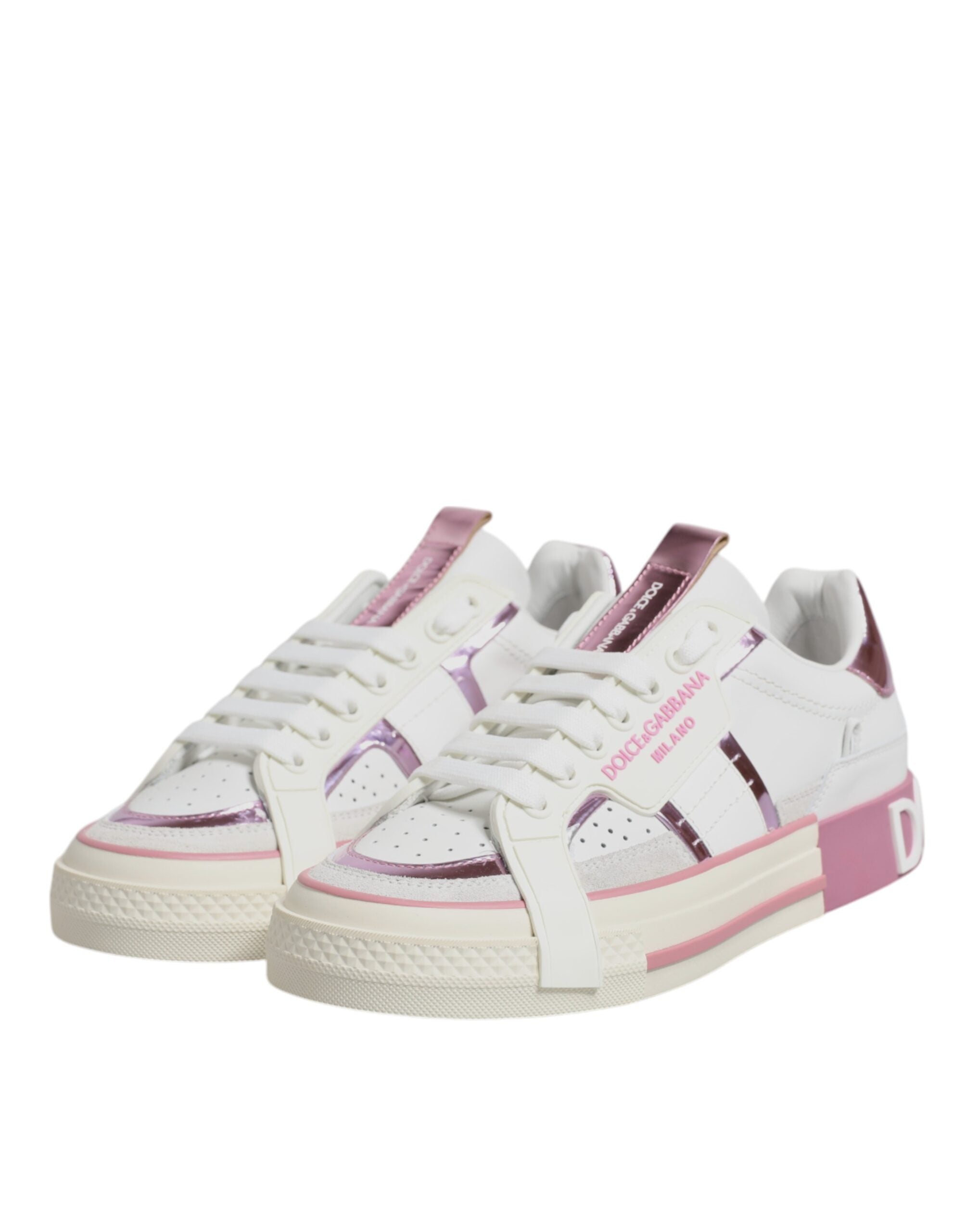 Dolce & Gabbana White Pink Leather Low Top Sneakers Women's Shoes (Pre-Owned)