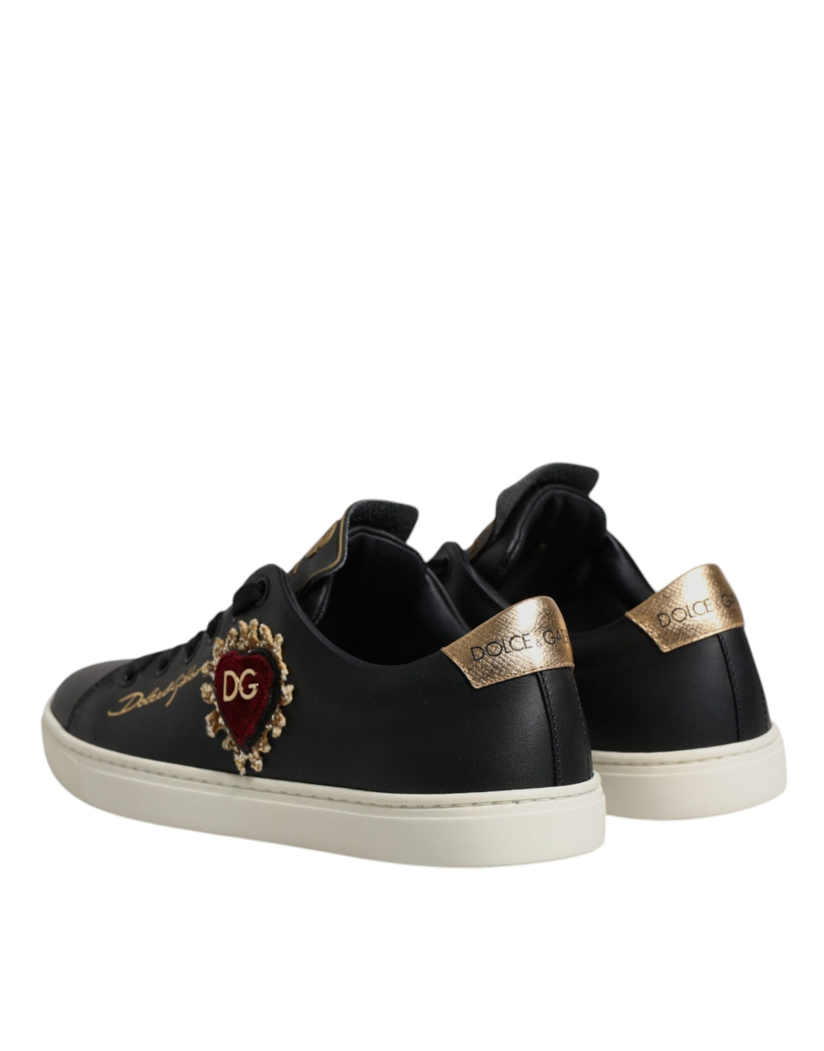 Dolce & Gabbana Black Leather Gold Red Heart Sneakers Women's Shoes