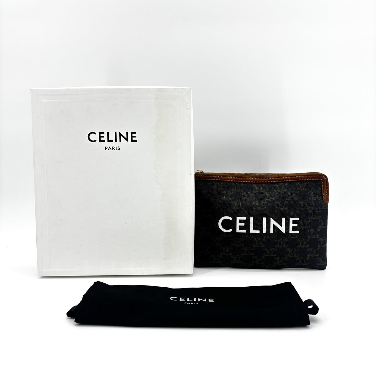Celine Logo Zip Wristlet Triomphe Coated Canvas Black Canvas Clutche & Pouche Bag (Pre-Owned)