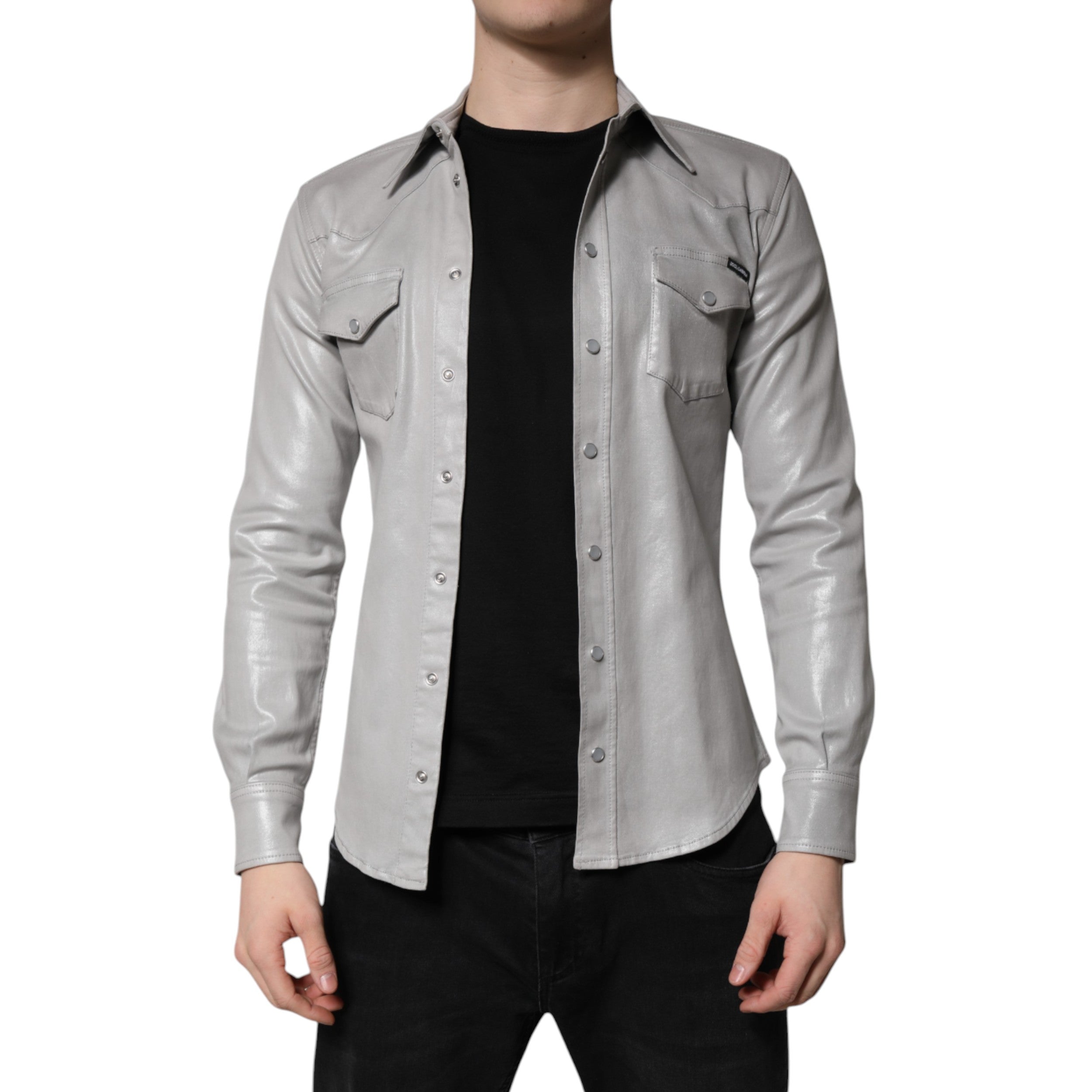 Dolce & Gabbana Metallic Gray Cotton Button Down Men's Shirt (Pre-Owned)