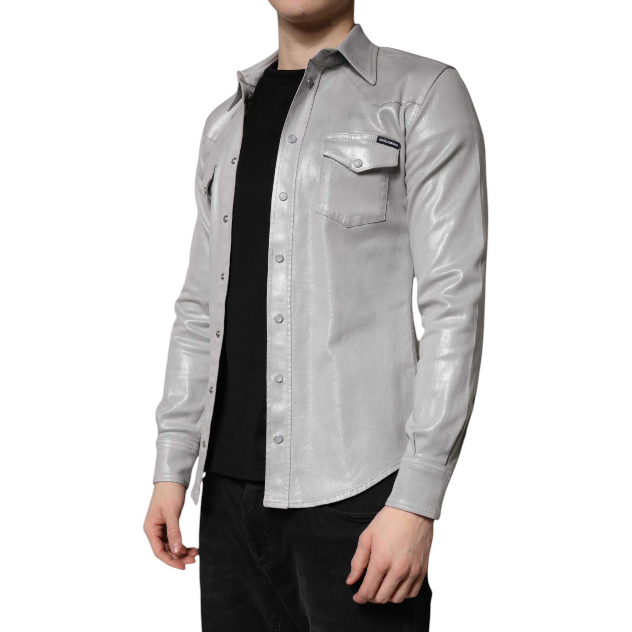 Dolce & Gabbana Metallic Gray Cotton Button Down Men's Shirt (Pre-Owned)