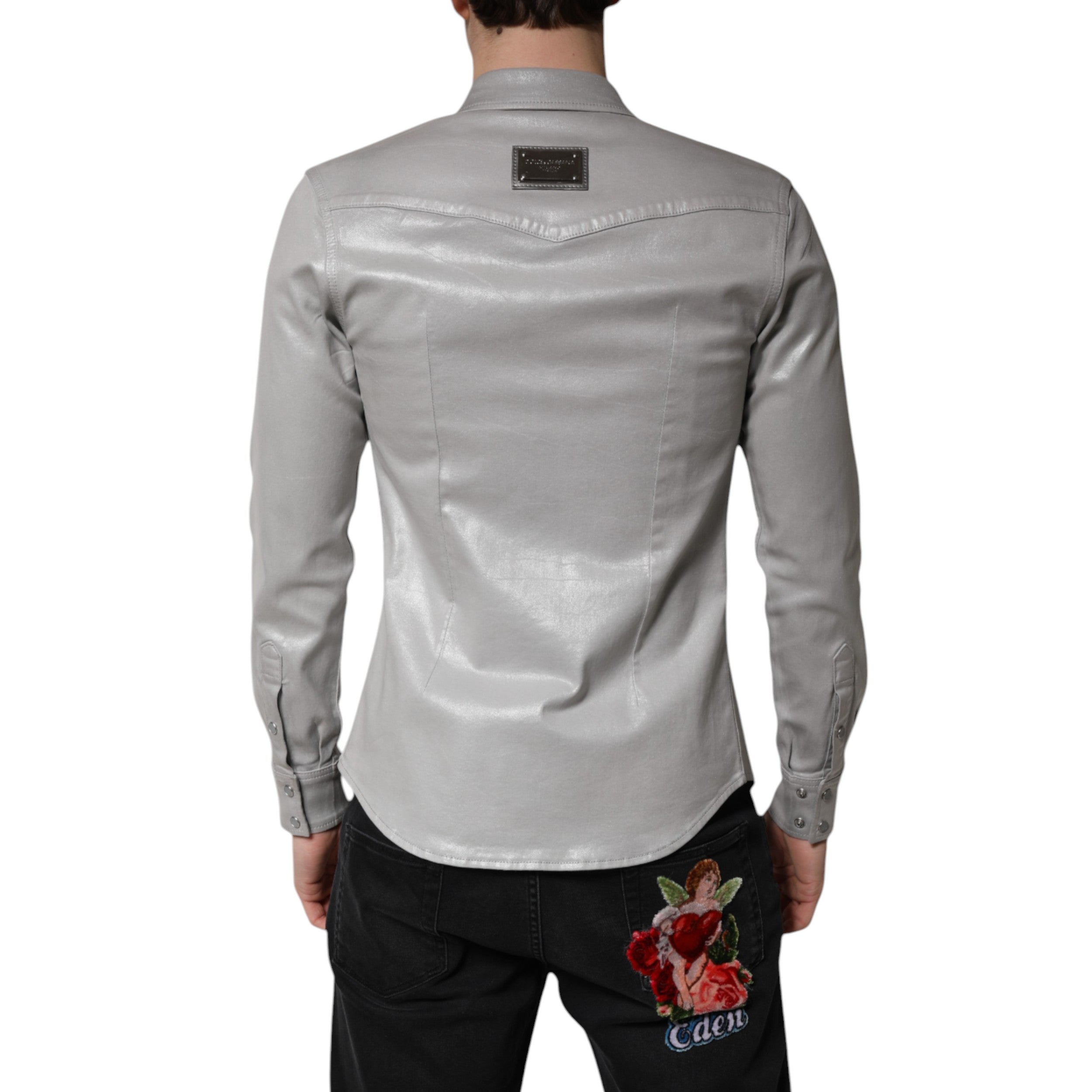 Dolce & Gabbana Metallic Gray Cotton Button Down Men's Shirt (Pre-Owned)