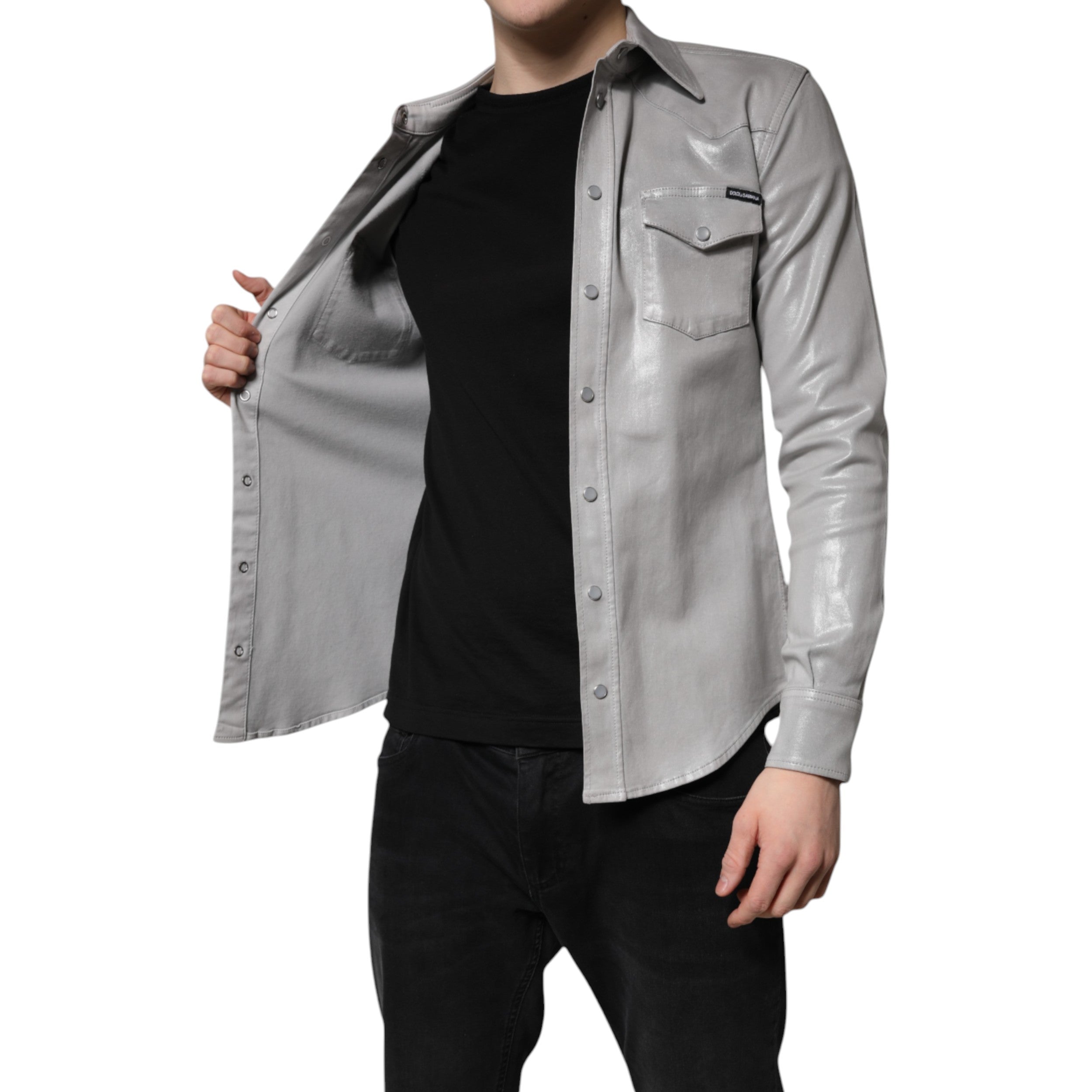 Dolce & Gabbana Metallic Gray Cotton Button Down Men's Shirt (Pre-Owned)