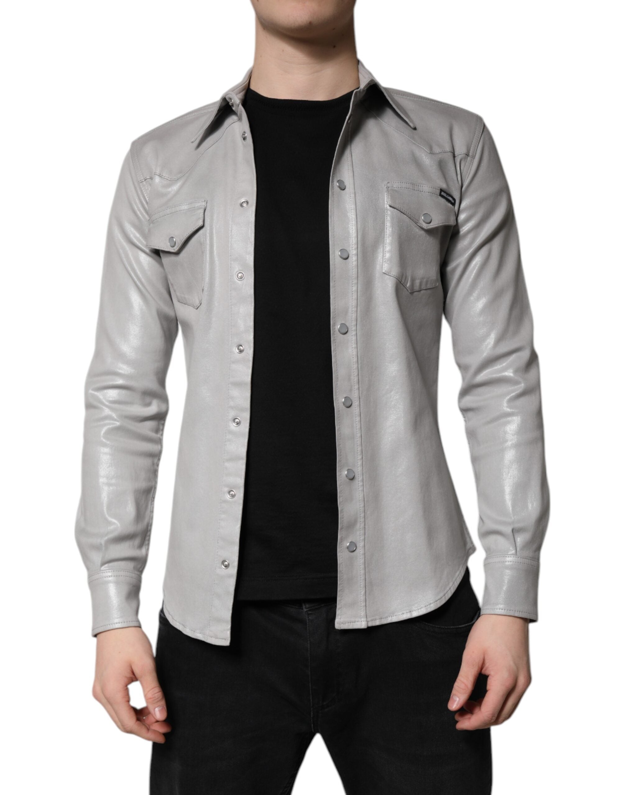 Dolce & Gabbana Metallic Gray Cotton Button Down Men's Shirt