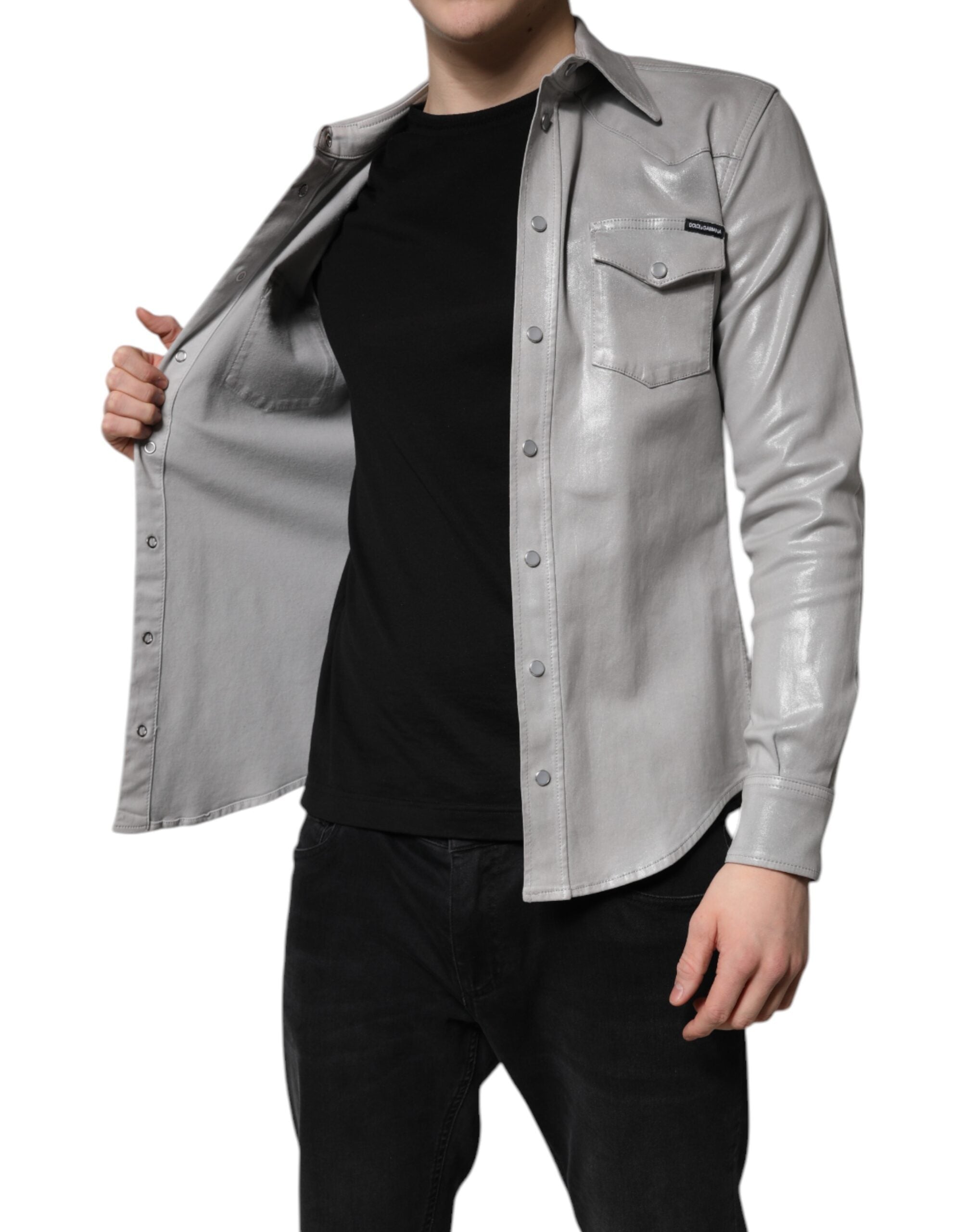 Dolce & Gabbana Metallic Gray Cotton Button Down Men's Shirt