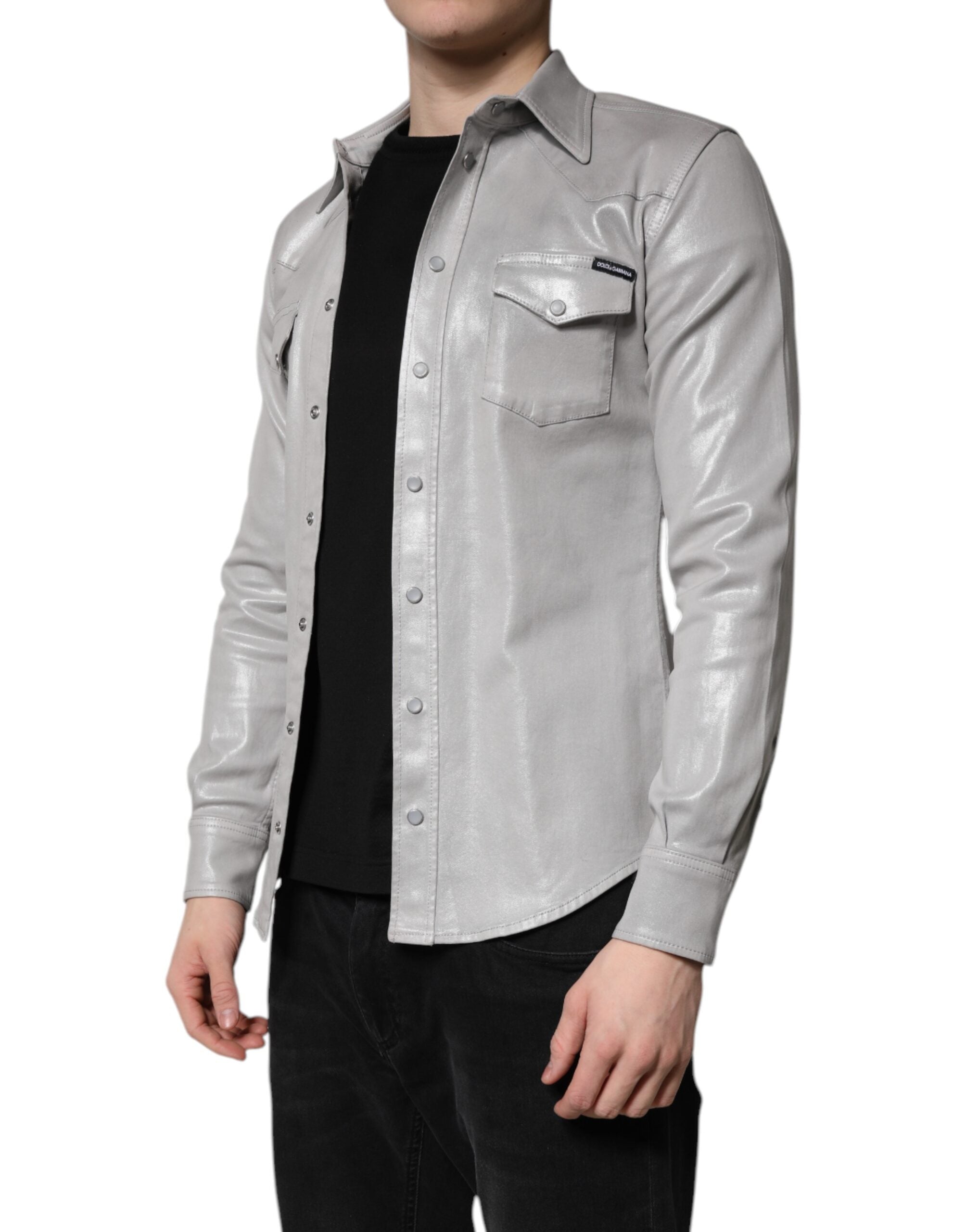 Dolce & Gabbana Metallic Gray Cotton Button Down Men's Shirt (Pre-Owned)