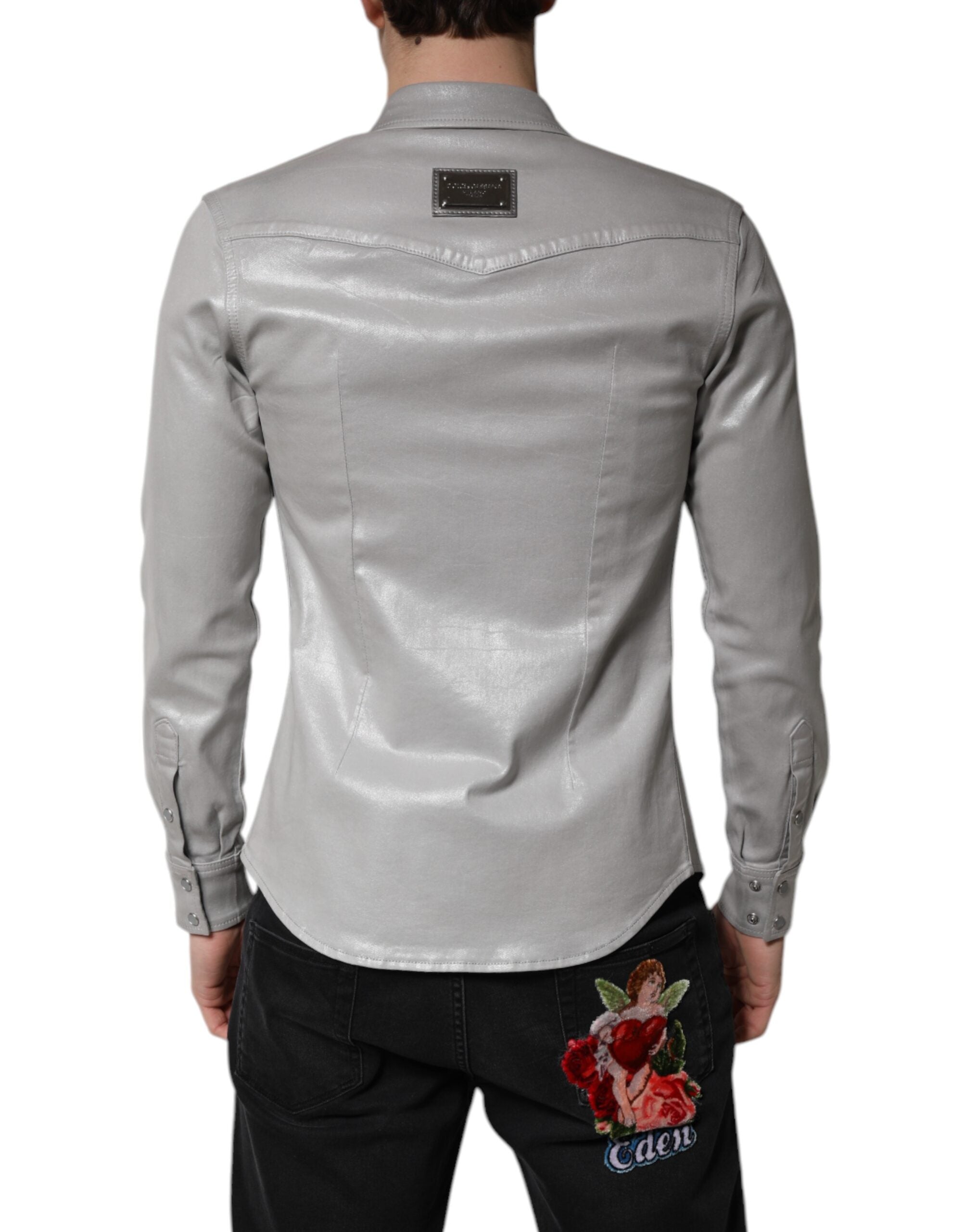 Dolce & Gabbana Metallic Gray Cotton Button Down Men's Shirt (Pre-Owned)