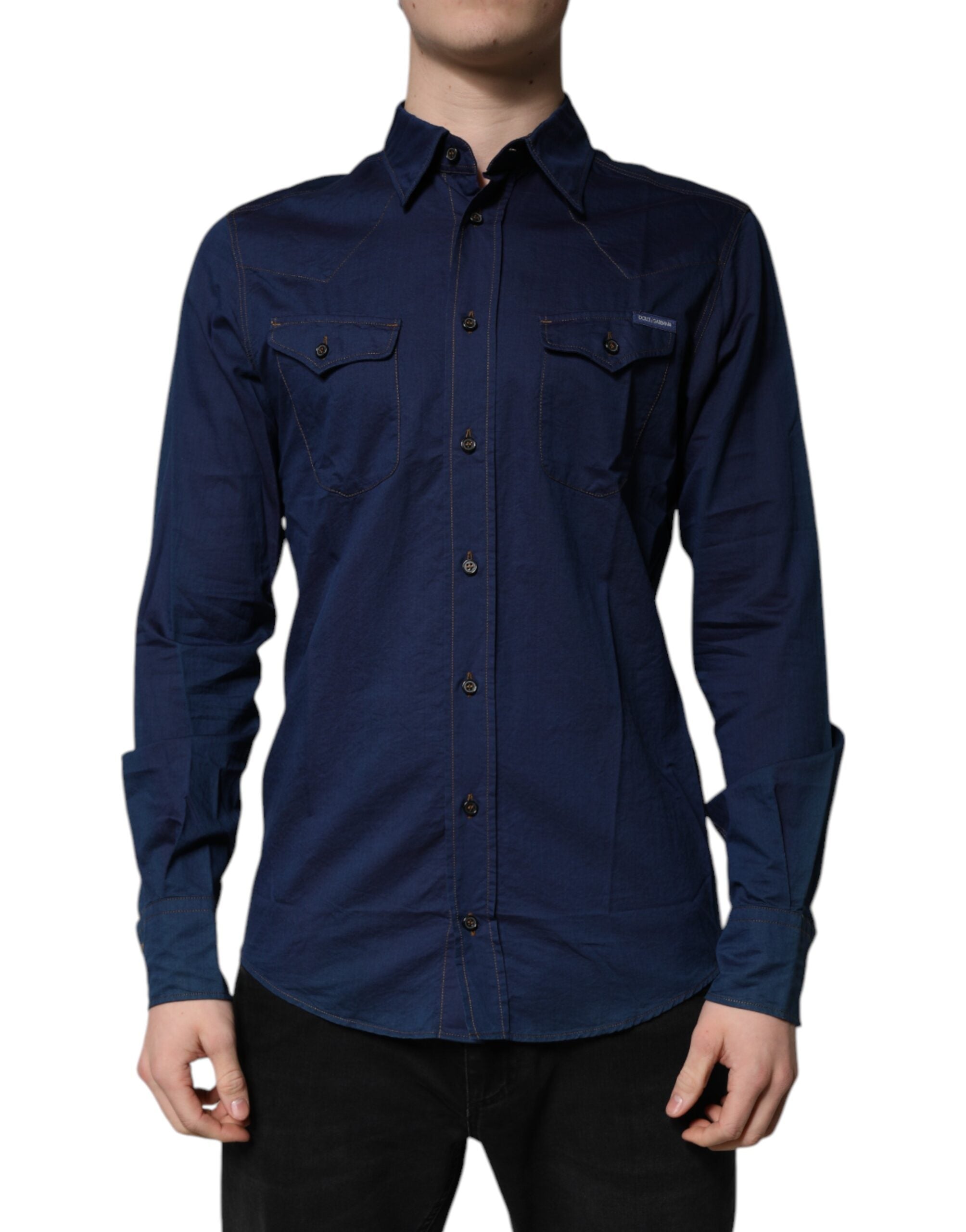 Dolce & Gabbana Dark Blue Cotton GOLD Dress Formal Men's Shirt (Pre-Owned)