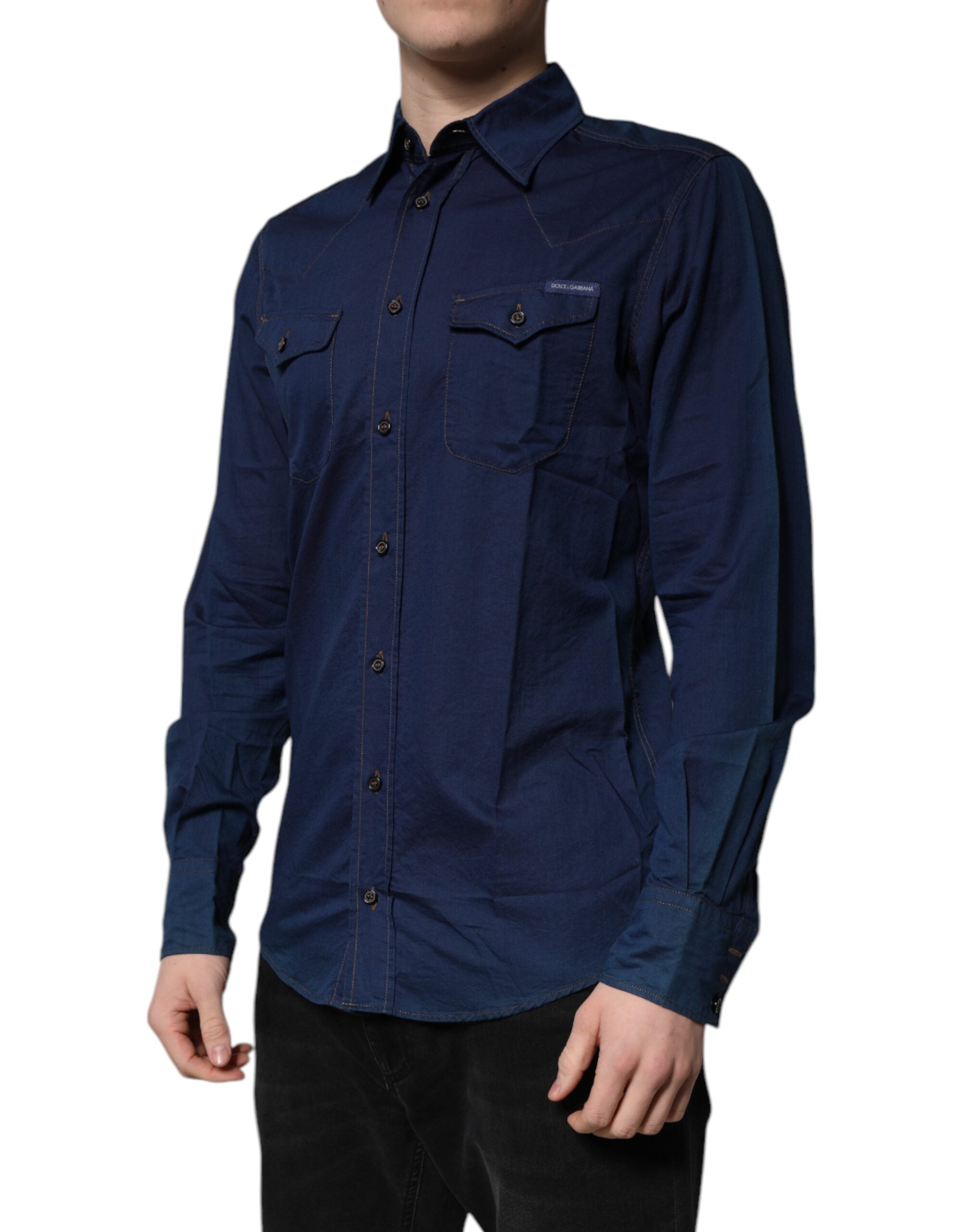 Dolce & Gabbana Dark Blue Cotton GOLD Dress Formal Men's Shirt (Pre-Owned)