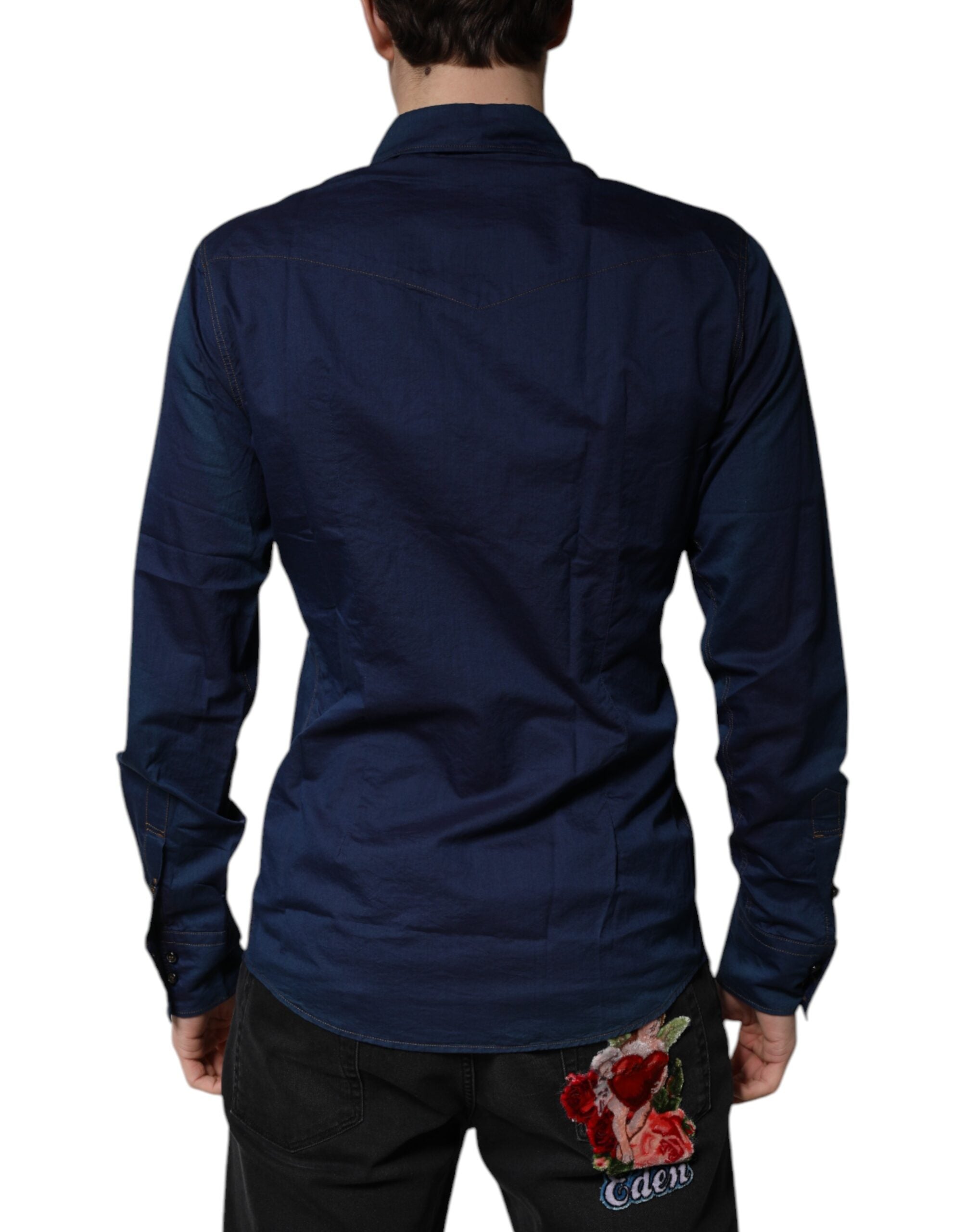 Dolce & Gabbana Dark Blue Cotton GOLD Dress Formal Men's Shirt (Pre-Owned)