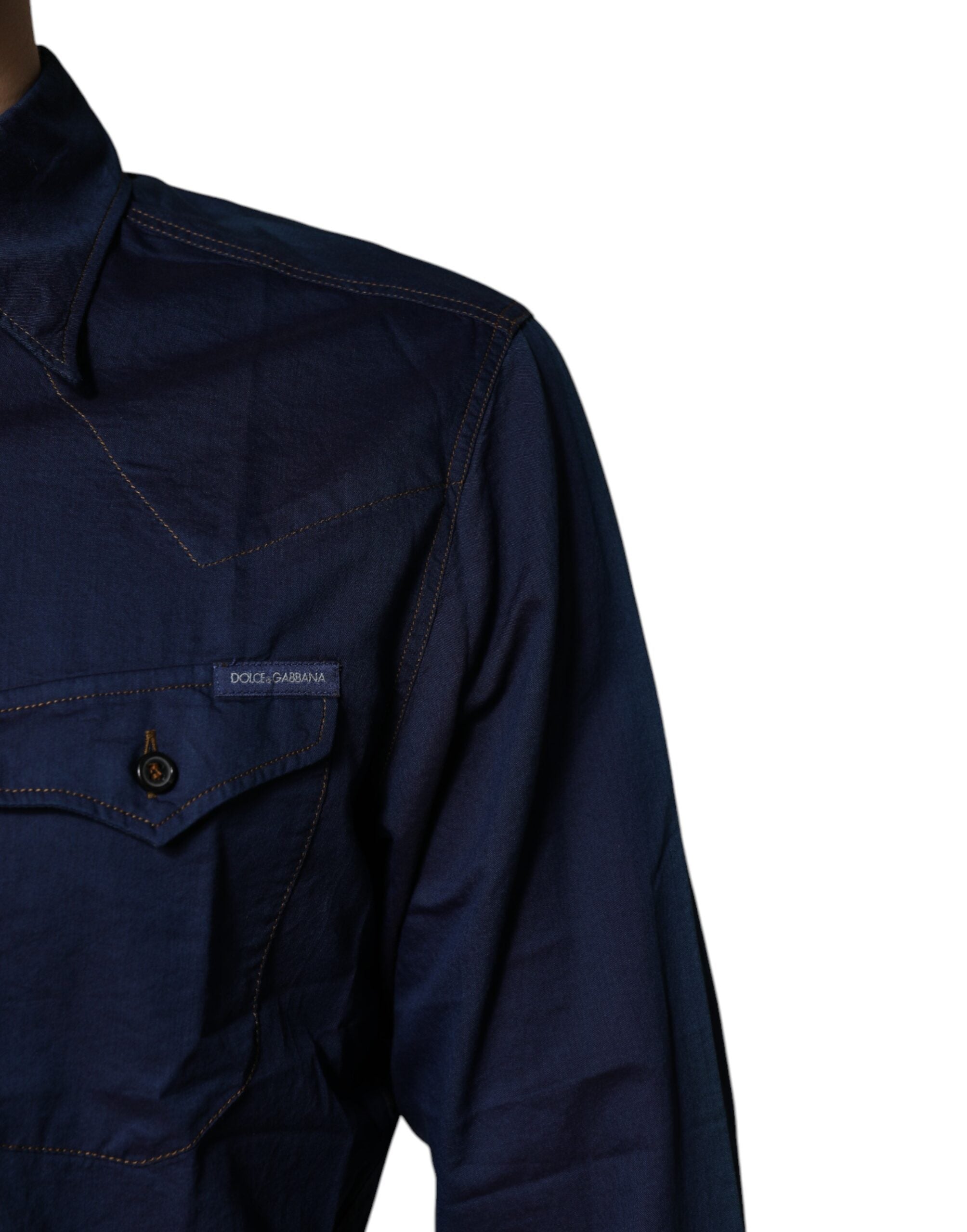Dolce & Gabbana Dark Blue Cotton GOLD Dress Formal Men's Shirt (Pre-Owned)