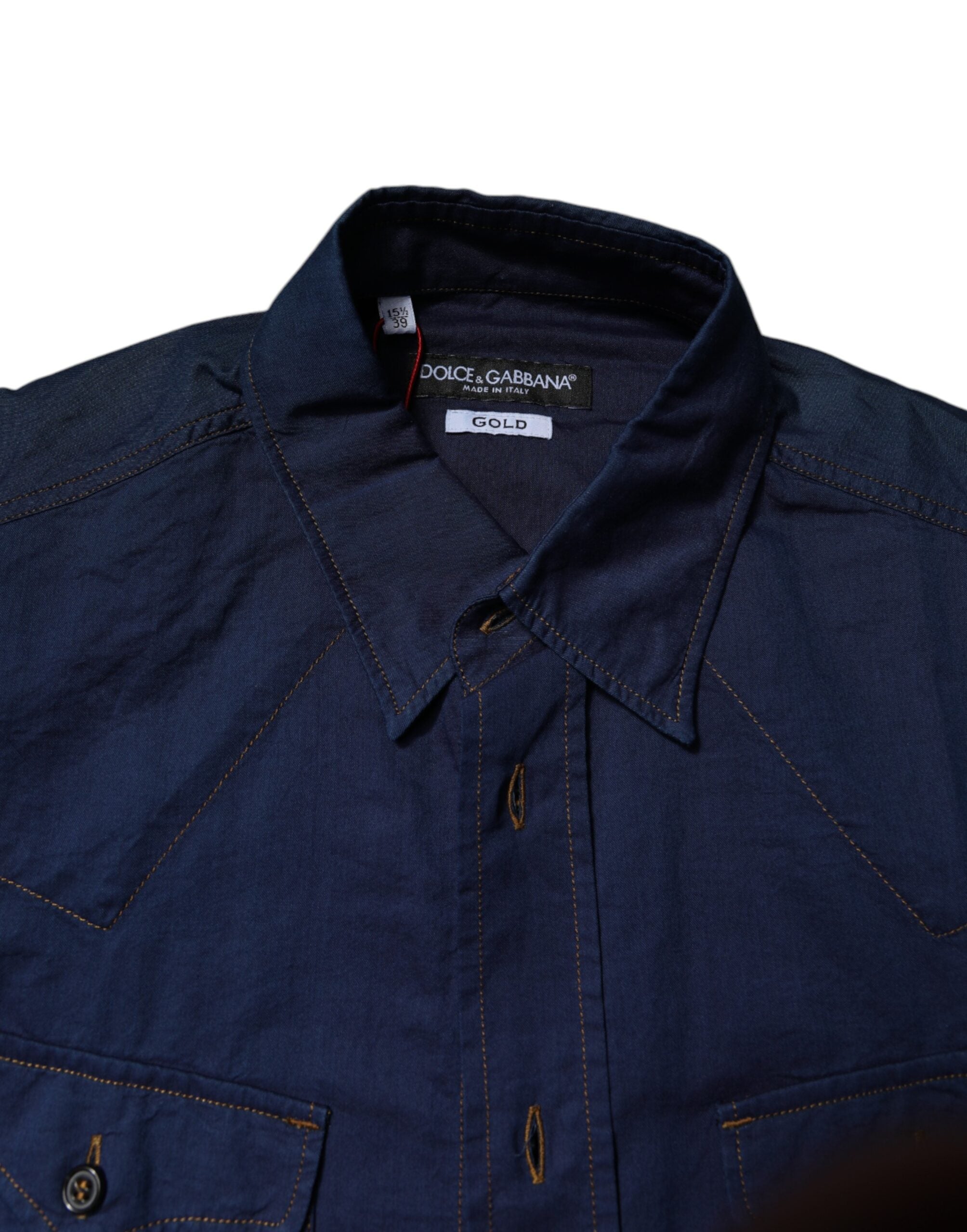 Dolce & Gabbana Dark Blue Cotton GOLD Dress Formal Men's Shirt (Pre-Owned)
