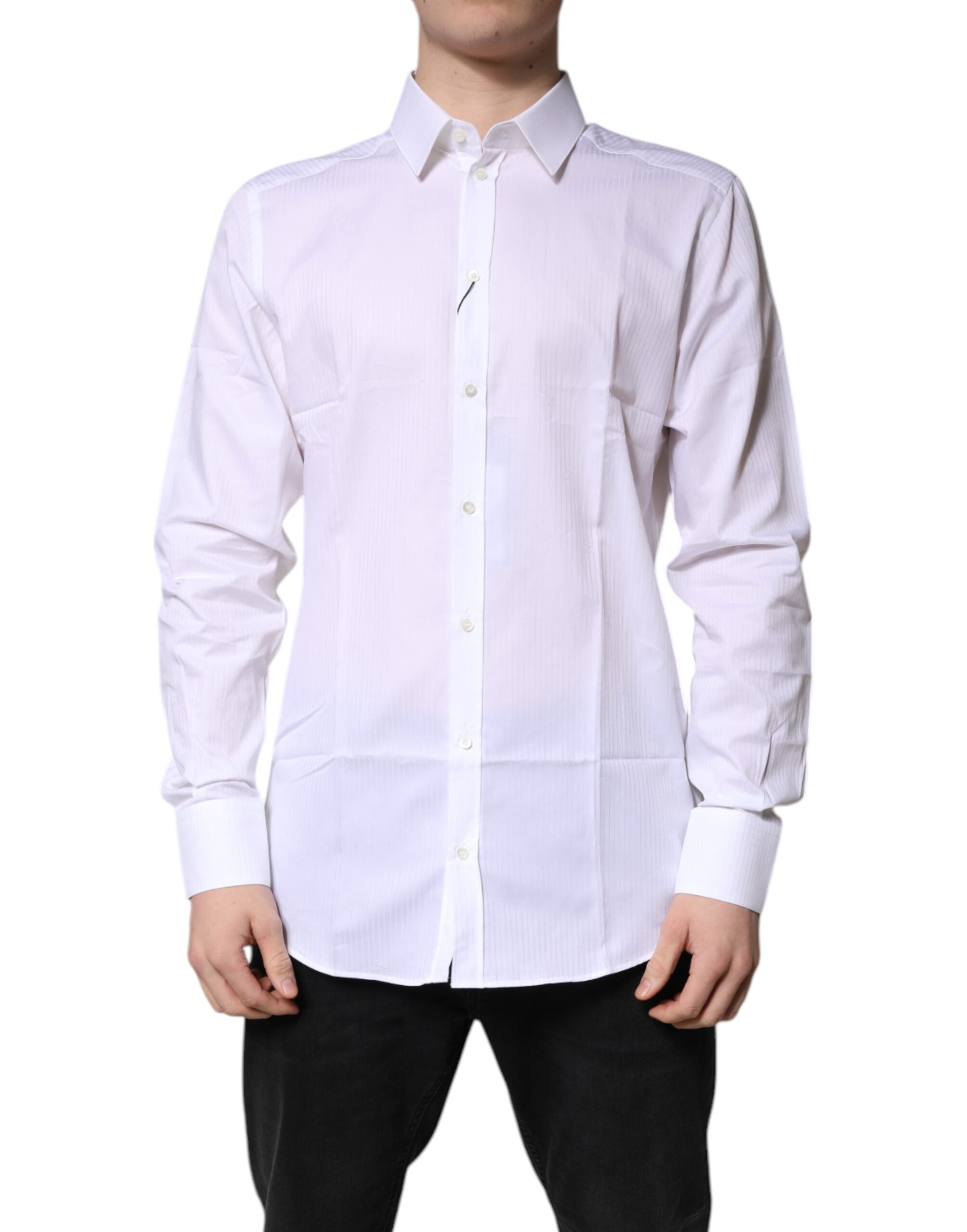 Dolce & Gabbana White Cotton Collared GOLD Dress Formal Men's Shirt (Pre-Owned)