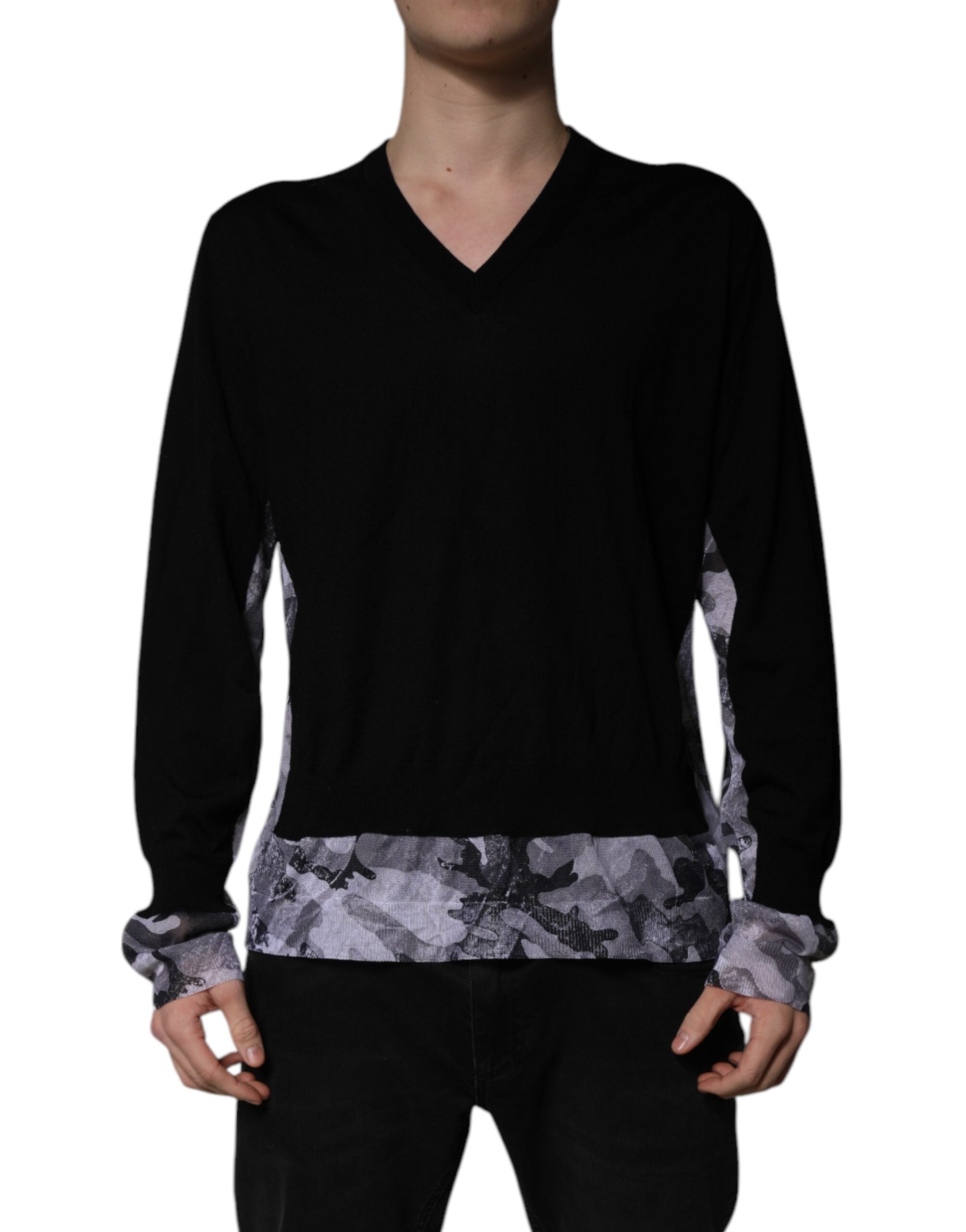 Dolce & Gabbana Black Camouflage V-neck Pullover Men's Sweater