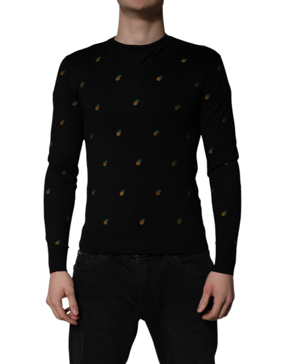 Dolce & Gabbana Black Pineapple Crew Neck Pullover Men's Sweater