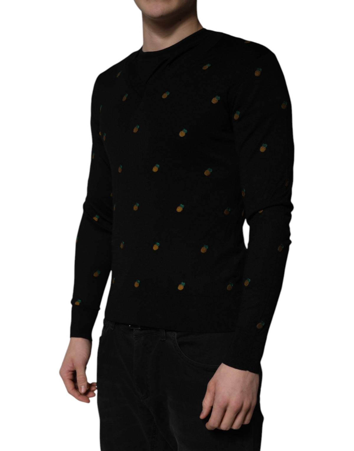 Dolce & Gabbana Black Pineapple Crew Neck Pullover Men's Sweater