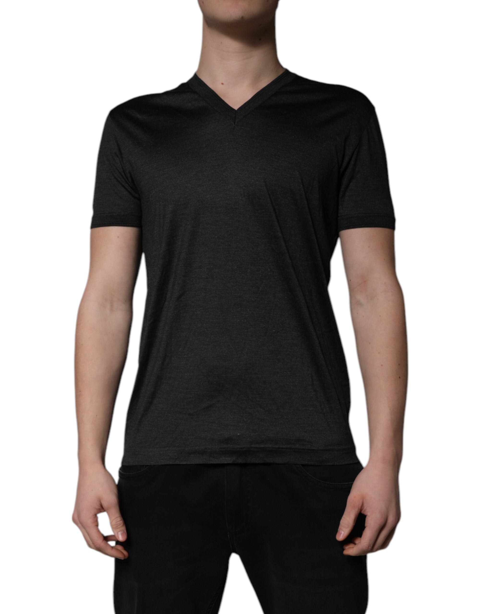 Dolce & Gabbana Dark Gray Silk V-neck Short Sleeves Men's T-shirt (Pre-Owned)