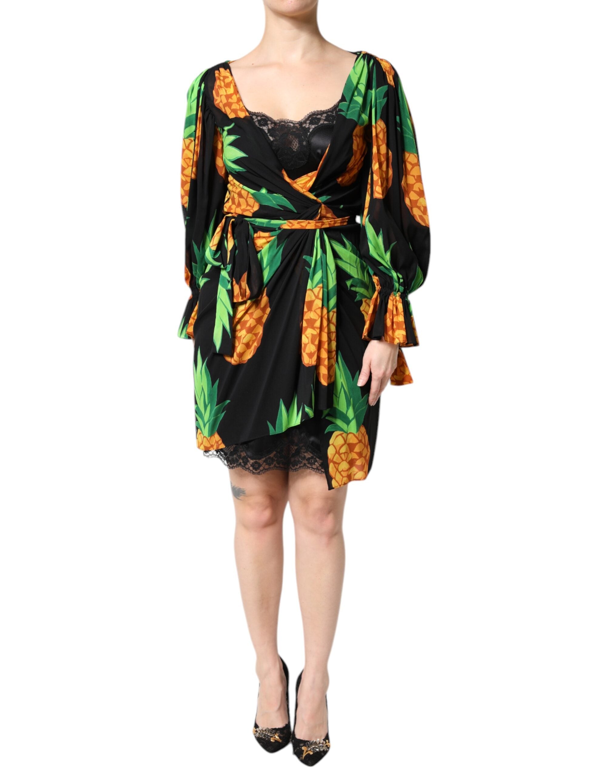 Dolce & Gabbana Black Silk Pineapple Draped Print Wrap Women's Dress