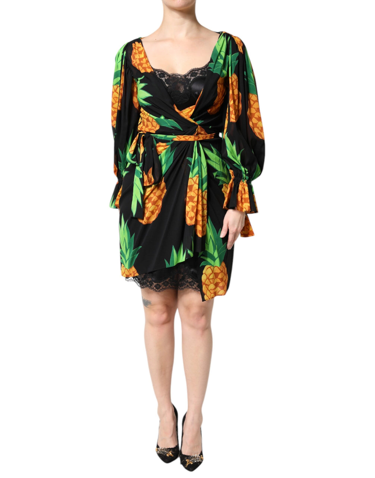 Dolce & Gabbana Black Silk Pineapple Draped Print Wrap Women's Dress