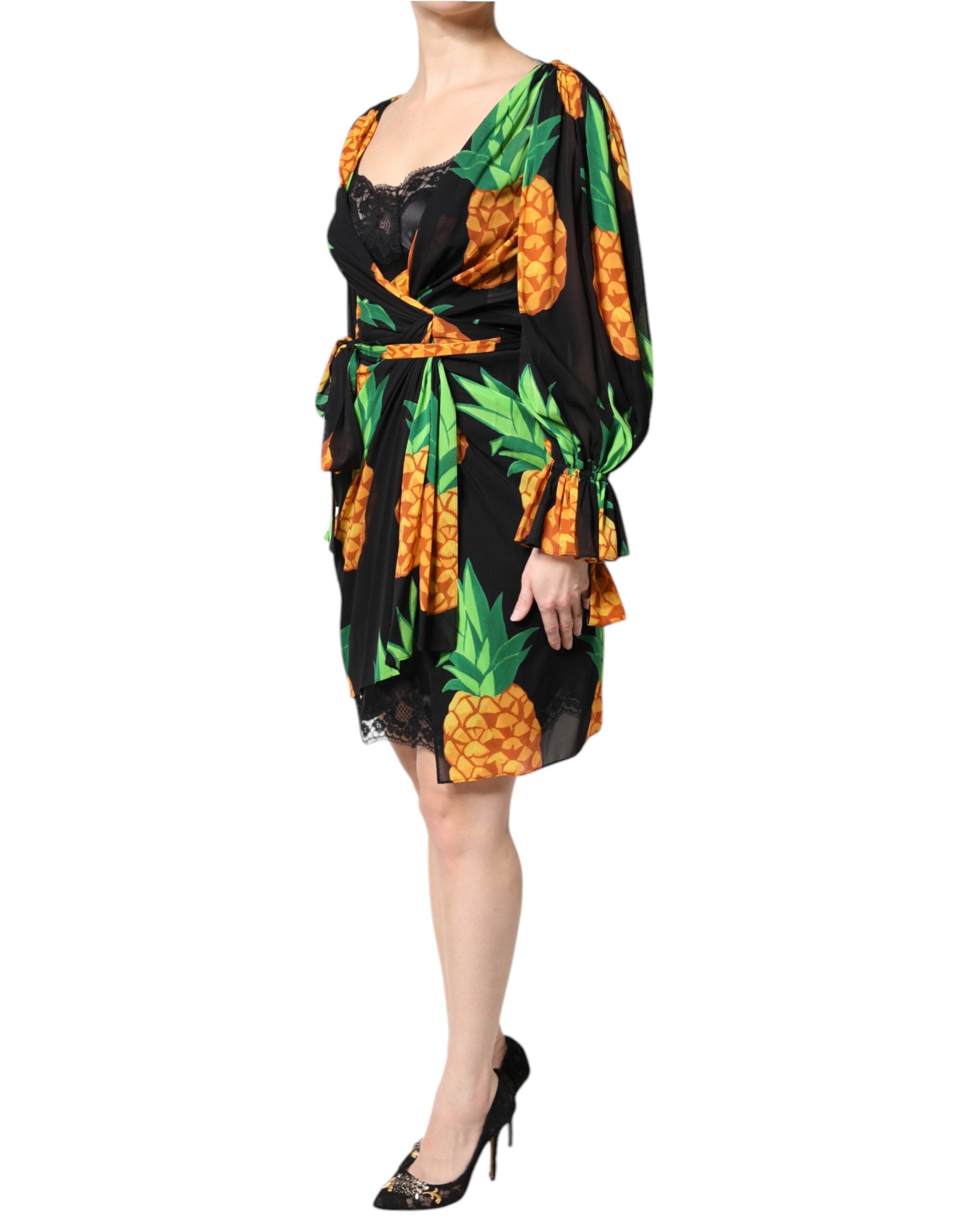 Dolce & Gabbana Black Silk Pineapple Draped Print Wrap Women's Dress